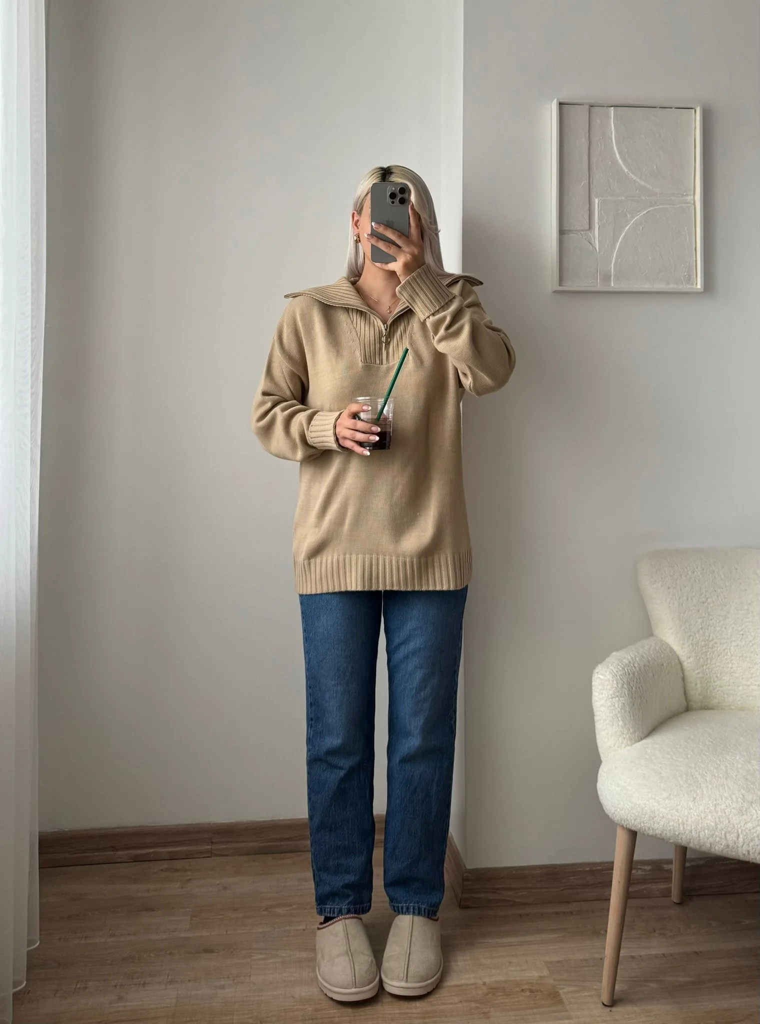 Fermuarlı Yaka Detay Triko Kazak - KAHVE