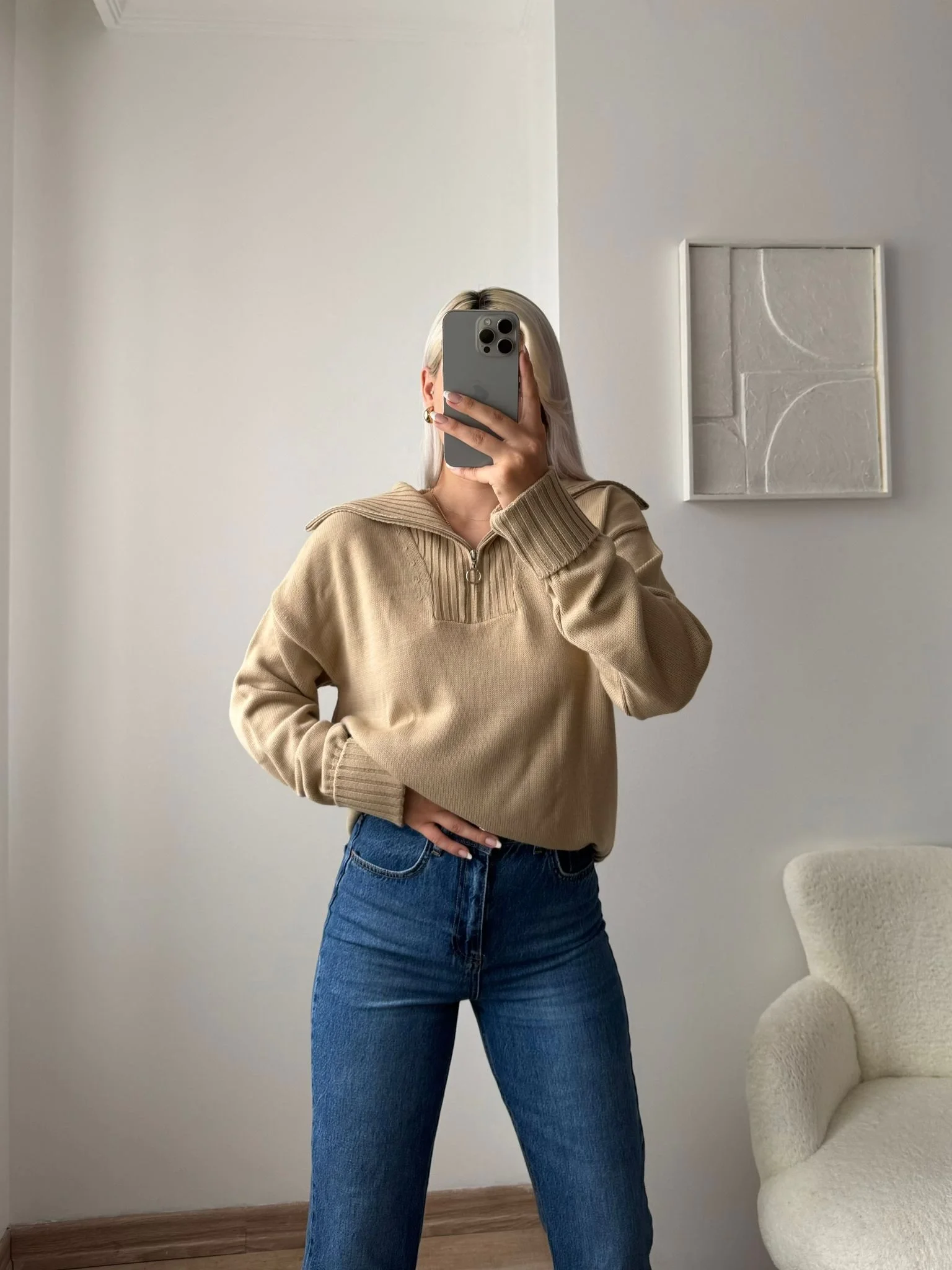 Fermuarlı Yaka Detay Triko Kazak - KAHVE