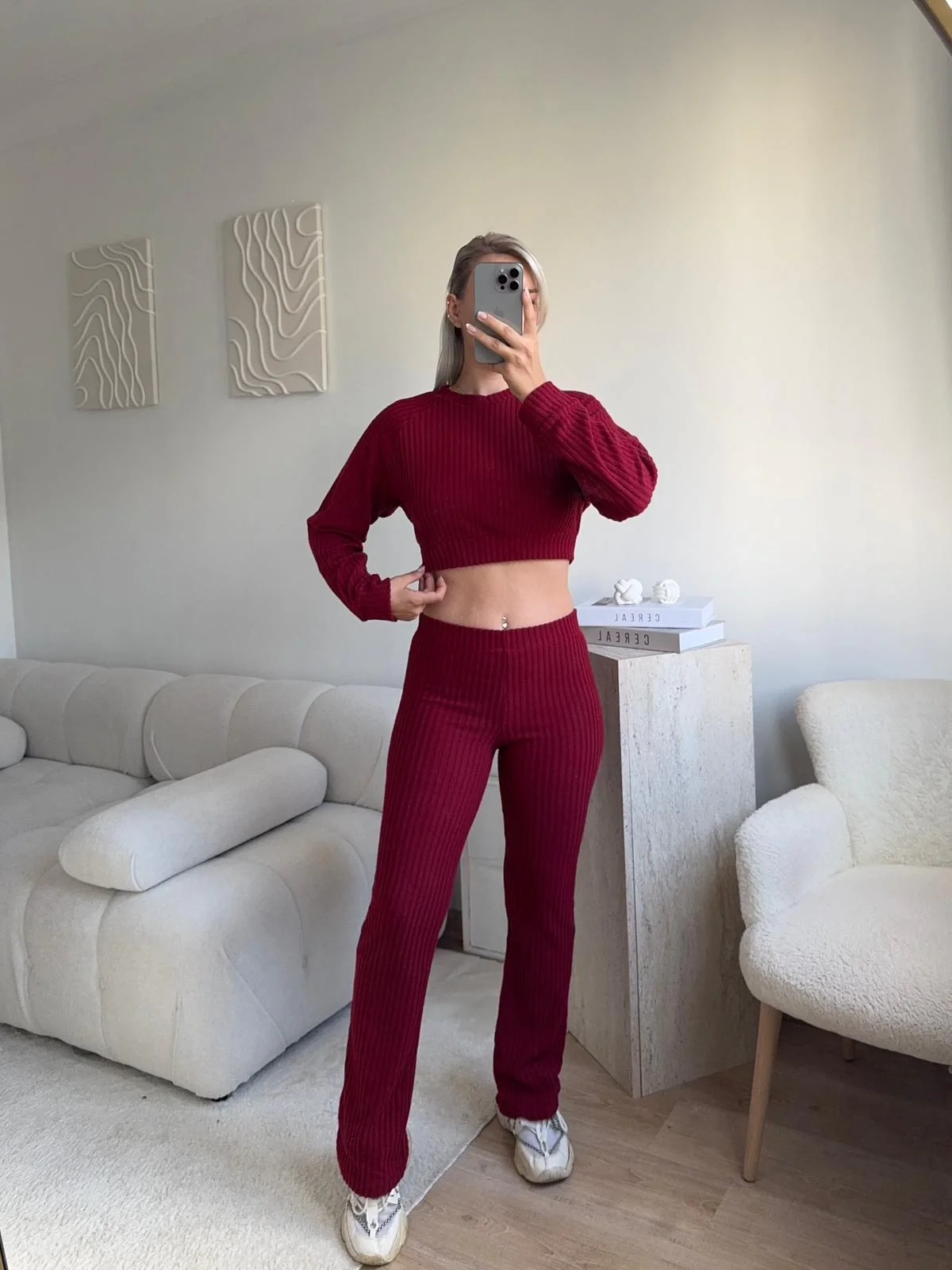 Fitilli Crop & Pantolon Takım - BORDO