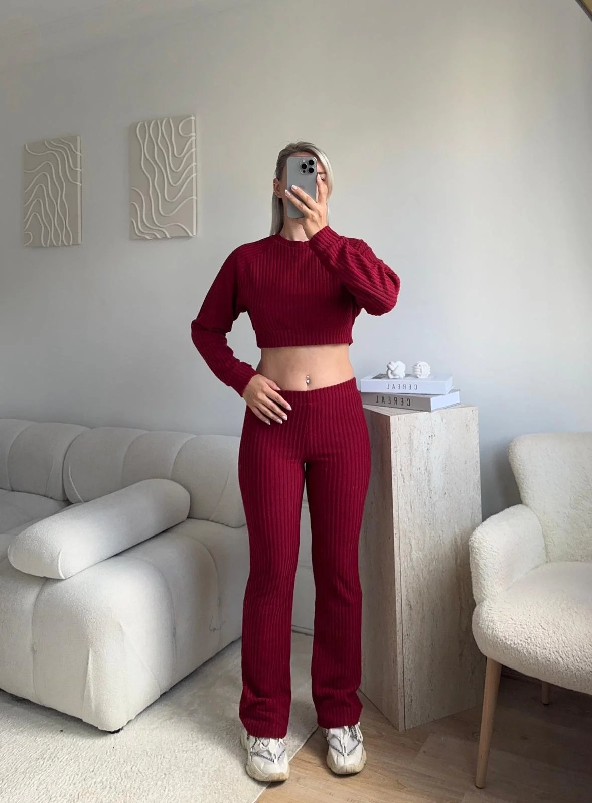 Fitilli Crop & Pantolon Takım - BORDO
