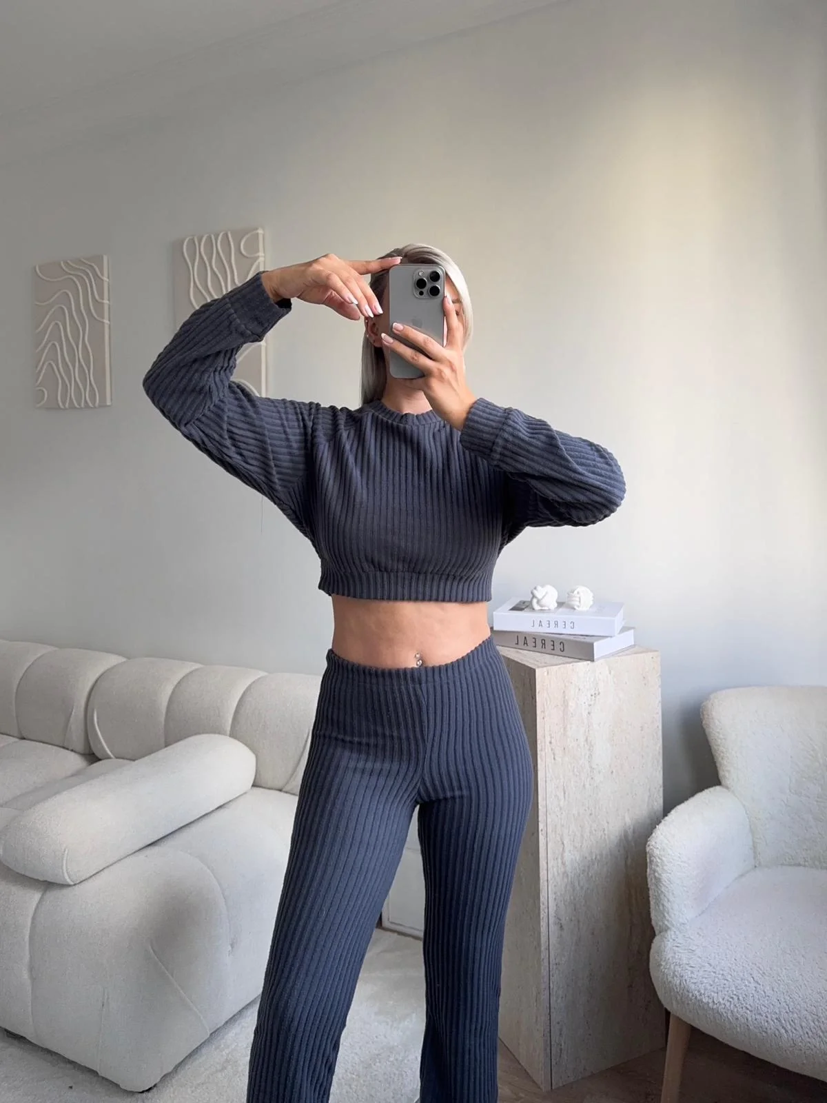 Fitilli Crop & Pantolon Takım - FÜME