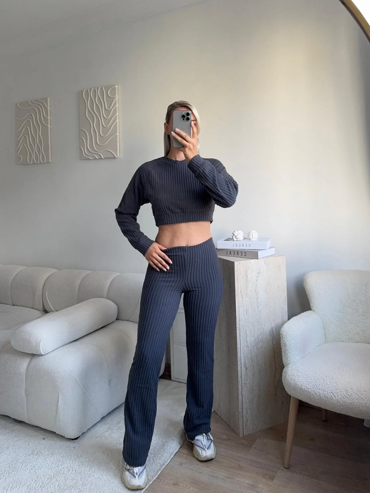 Fitilli Crop & Pantolon Takım - FÜME