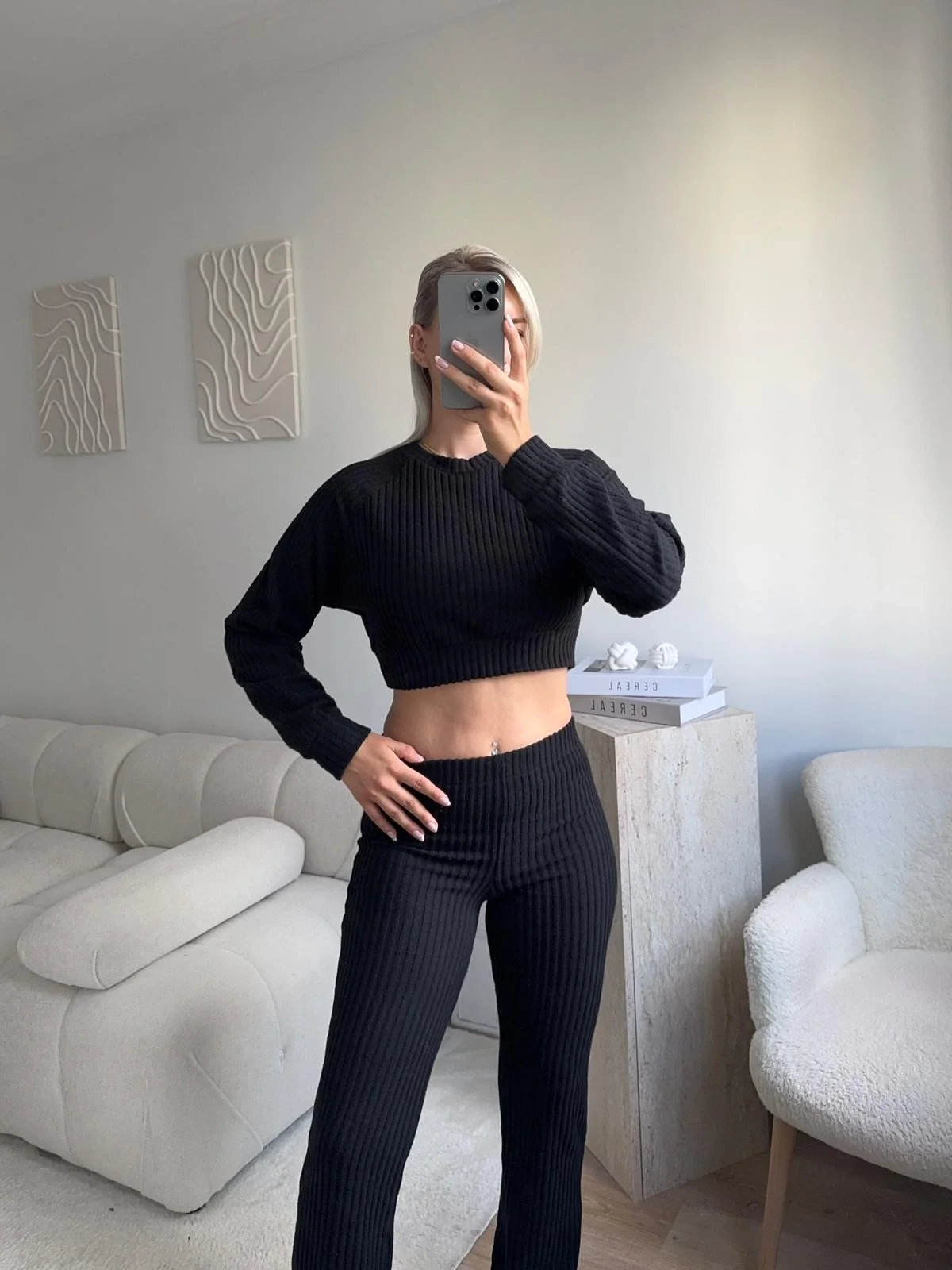 Fitilli Crop & Pantolon Takım - SİYAH