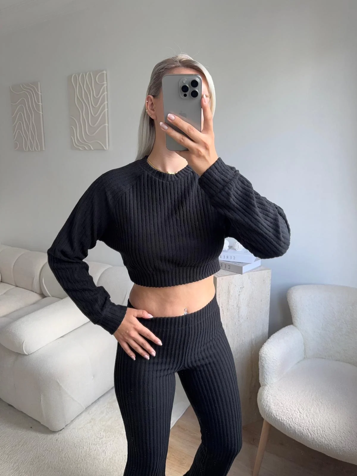 Fitilli Crop & Pantolon Takım - SİYAH