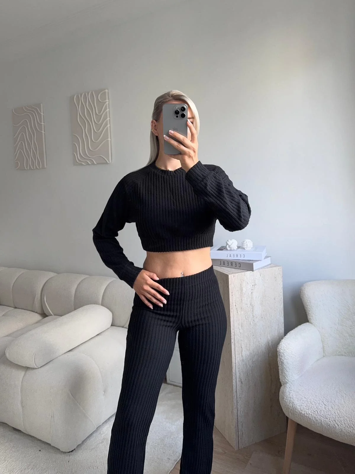 Fitilli Crop & Pantolon Takım - SİYAH