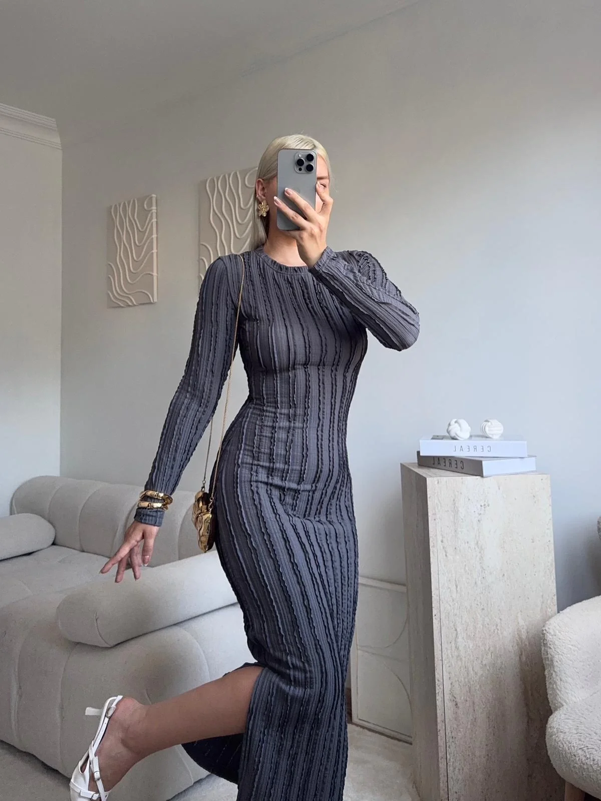 Fitilli Ters Dikiş Yırtmaç Elbise - GRİ