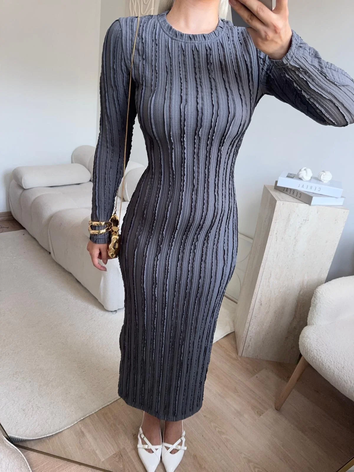 Fitilli Ters Dikiş Yırtmaç Elbise - GRİ