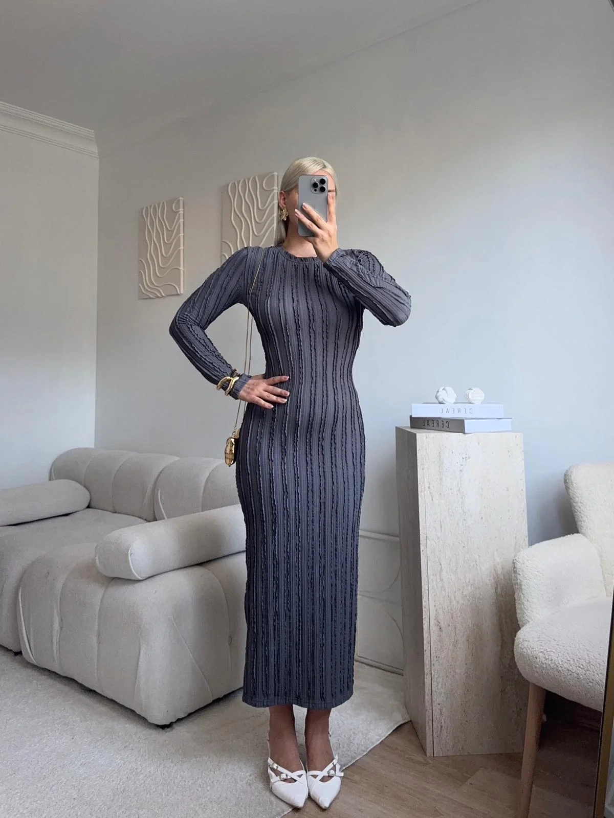 Fitilli Ters Dikiş Yırtmaç Elbise - GRİ