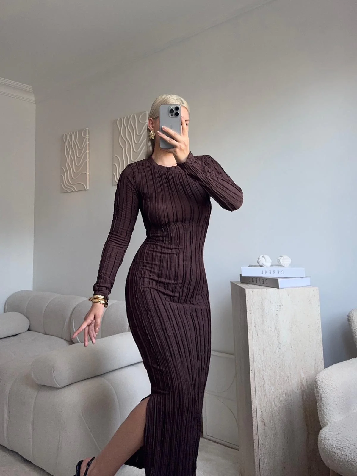 Fitilli Ters Dikiş Yırtmaç Elbise - KAHVE