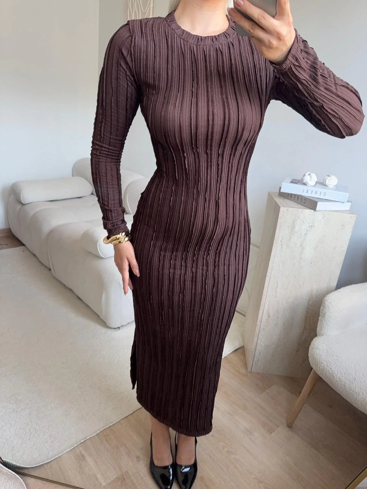 Fitilli Ters Dikiş Yırtmaç Elbise - KAHVE