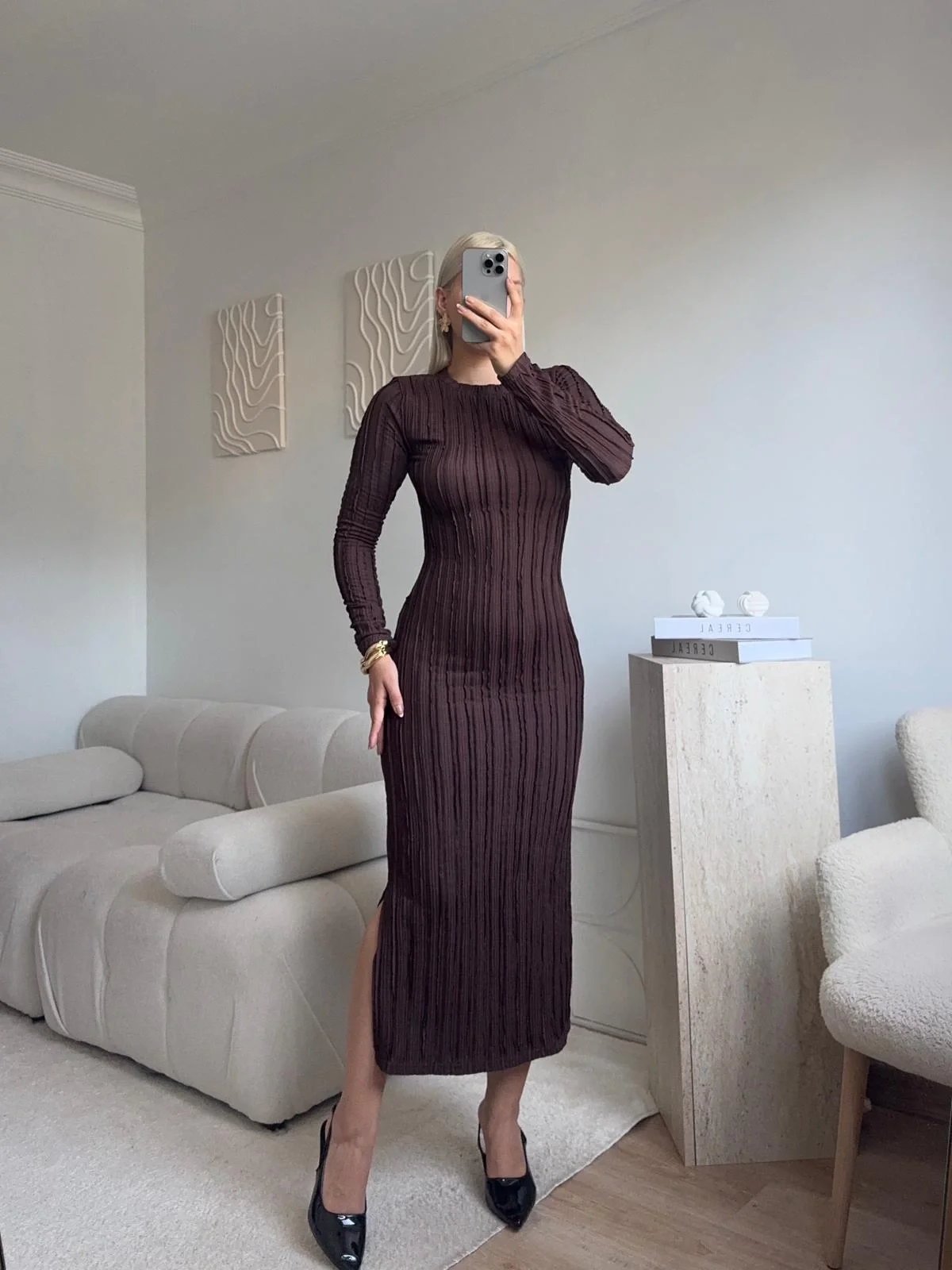 Fitilli Ters Dikiş Yırtmaç Elbise - KAHVE