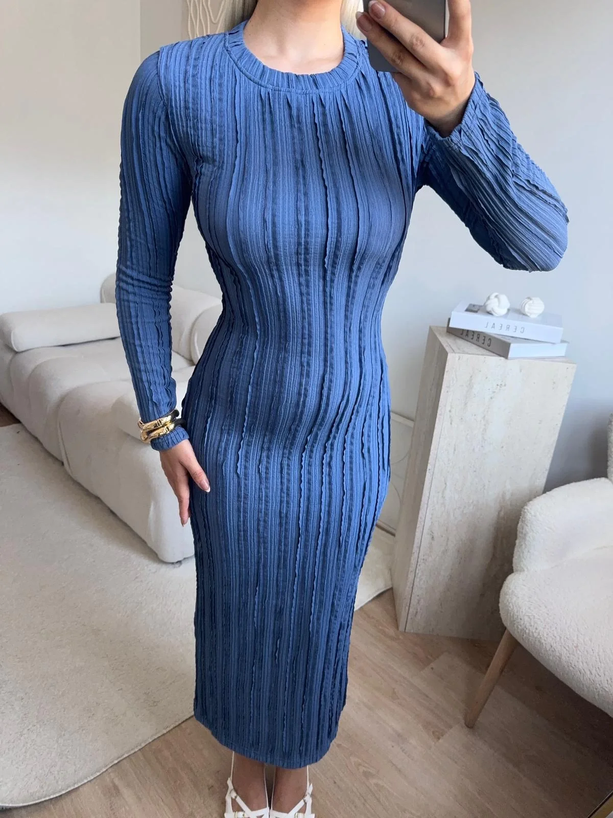 Fitilli Ters Dikiş Yırtmaç Elbise - LACİVERT