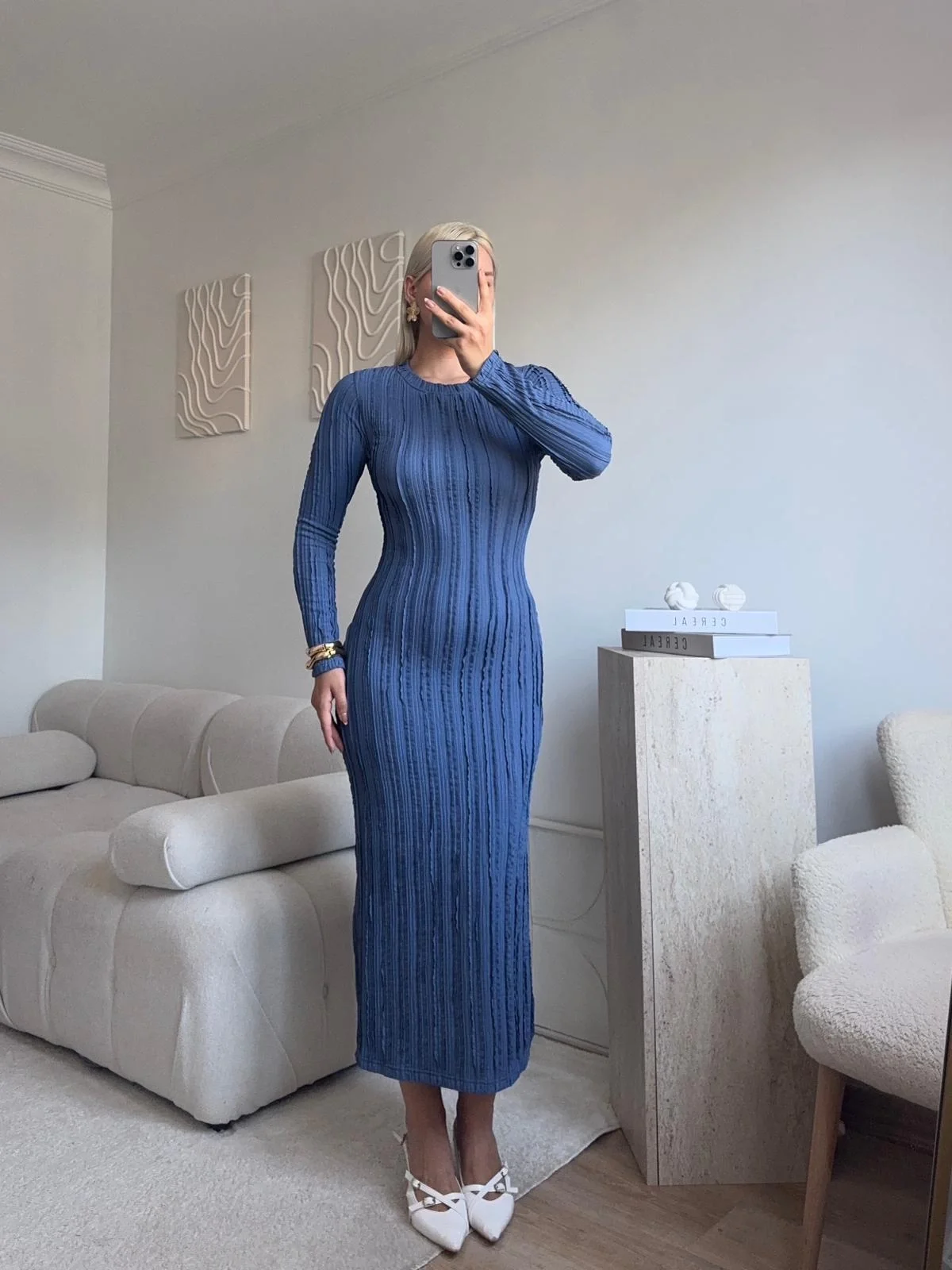 Fitilli Ters Dikiş Yırtmaç Elbise - LACİVERT