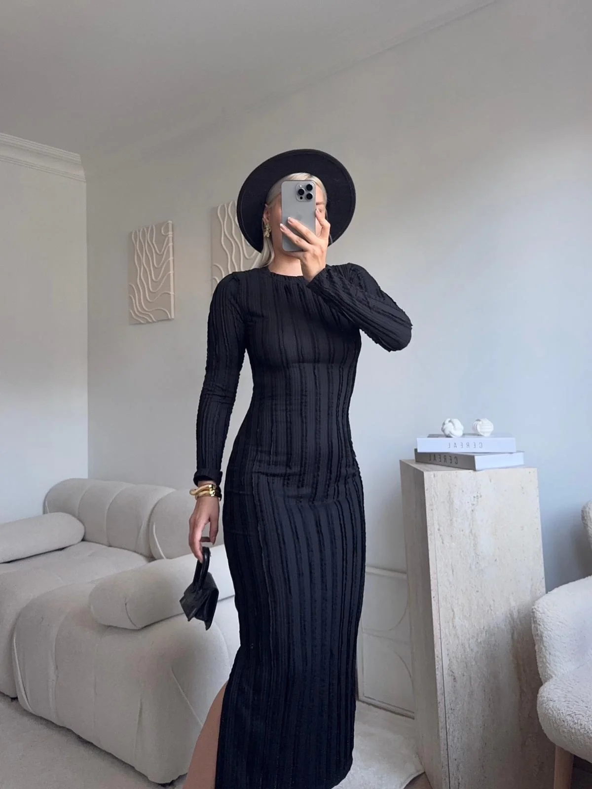 Fitilli Ters Dikiş Yırtmaç Elbise - SİYAH