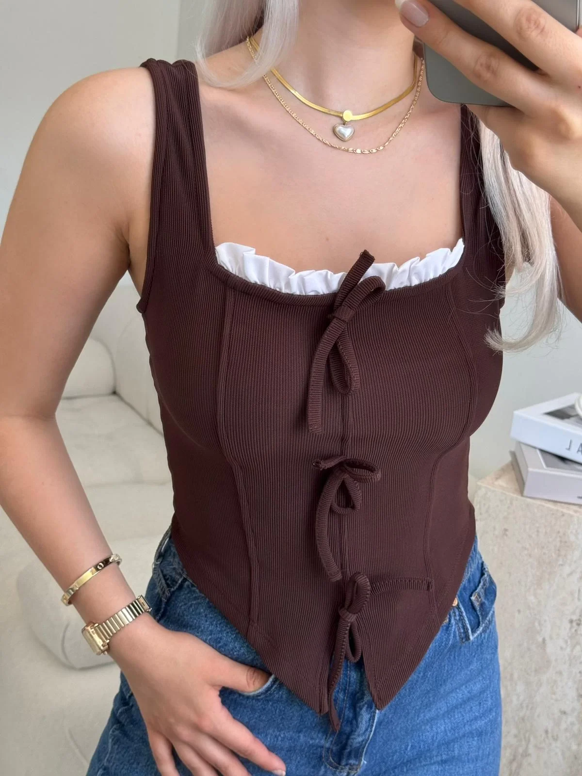 Fiyonklu Garnili Bluz - KAHVE