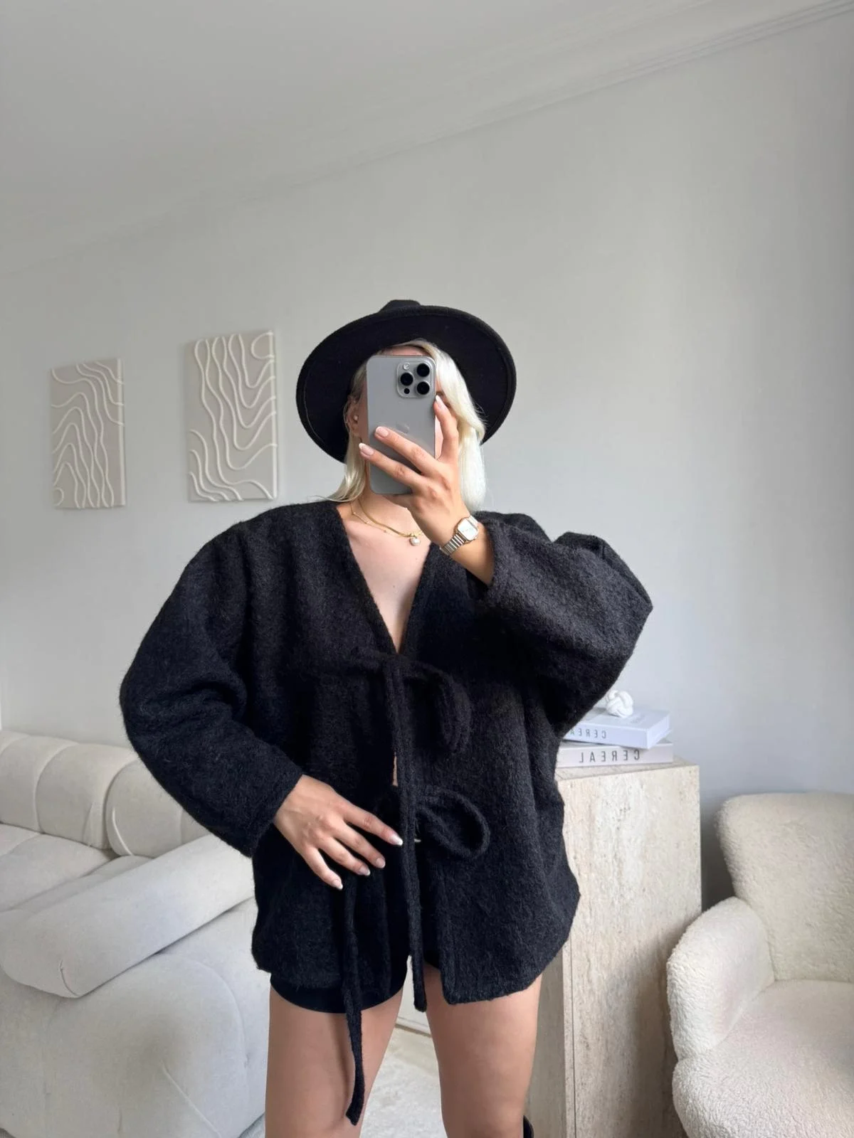 Fiyonklu Kırçıllı Ceket - SİYAH