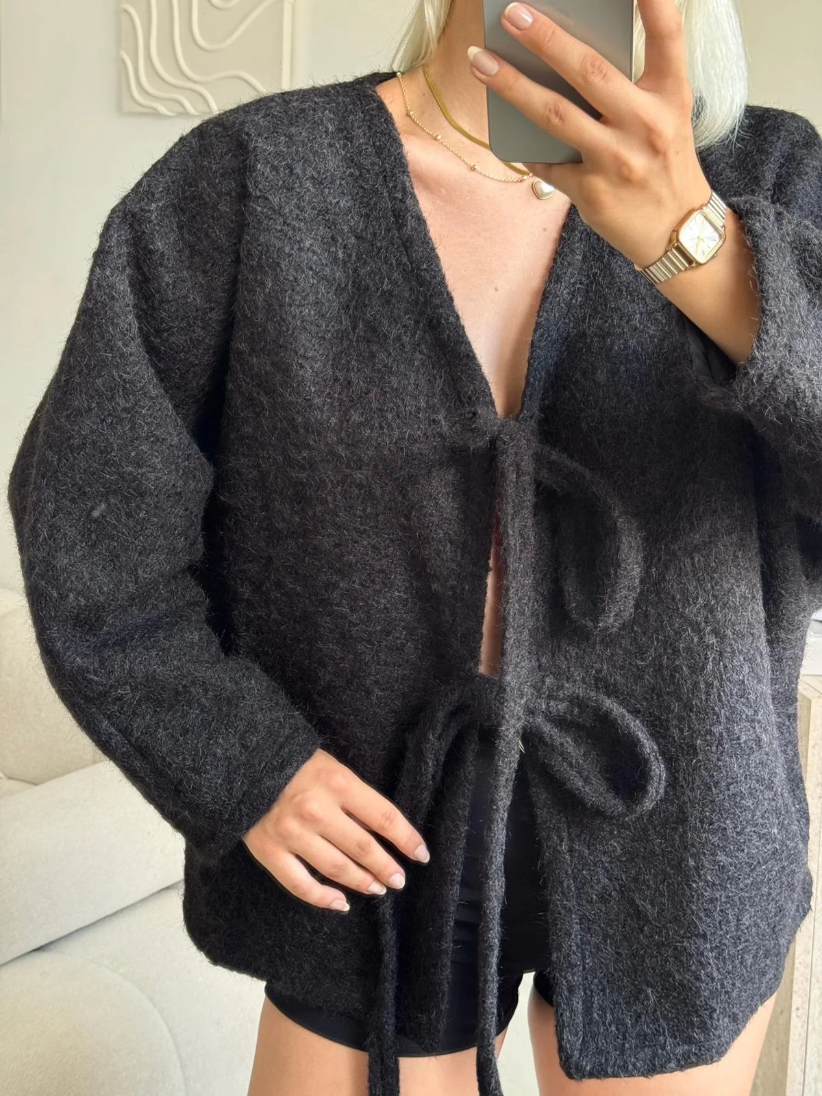 Fiyonklu Kırçıllı Ceket - SİYAH