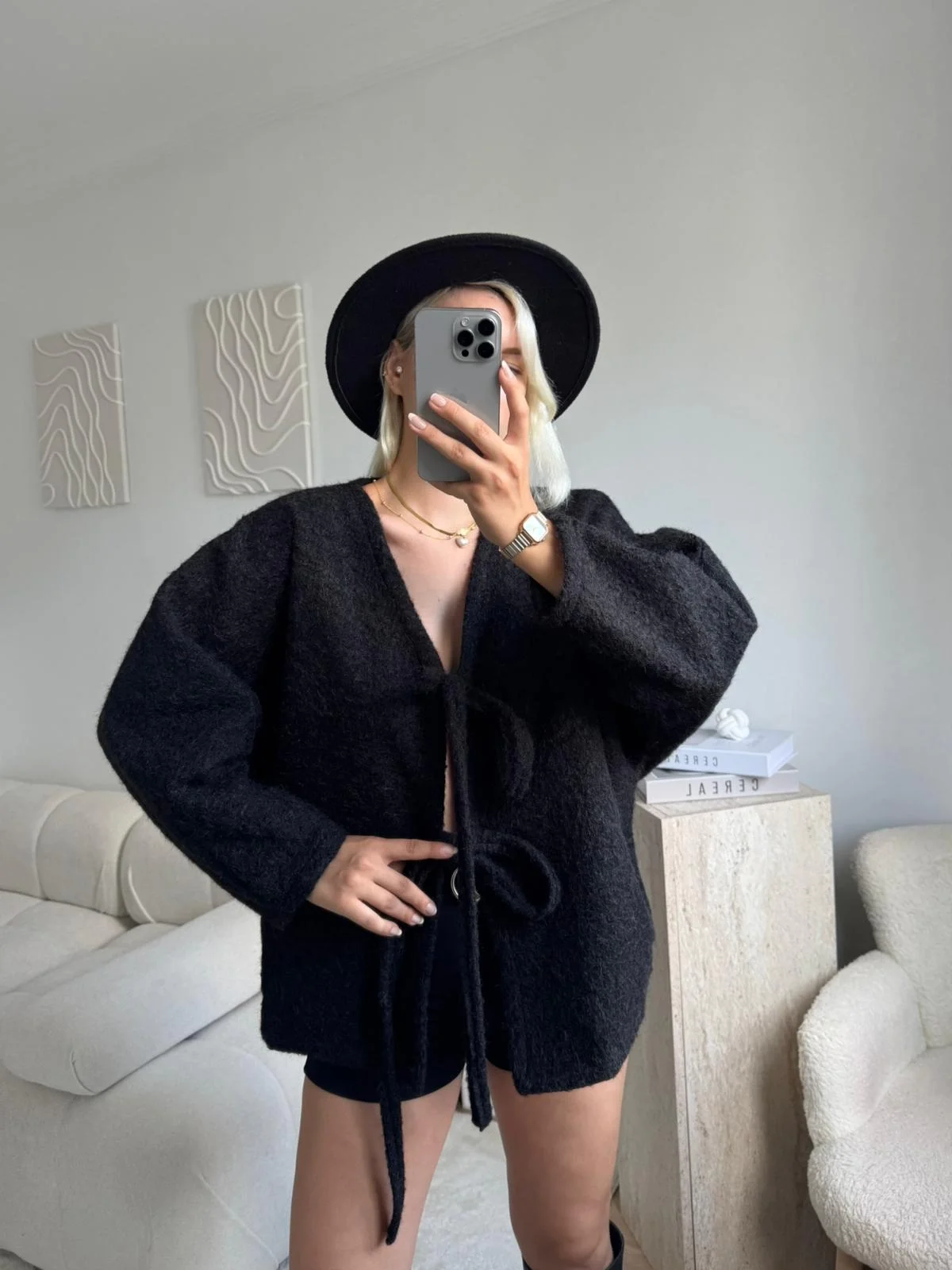 Fiyonklu Kırçıllı Ceket - SİYAH