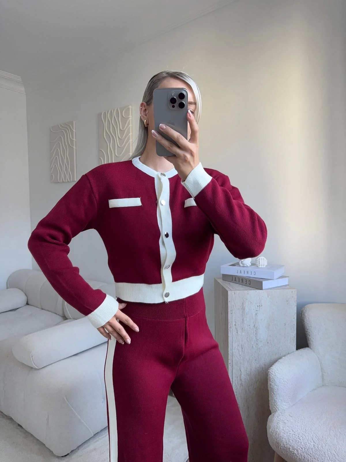 Garnili Bomber Crop & Pantolon Takım - BORDO