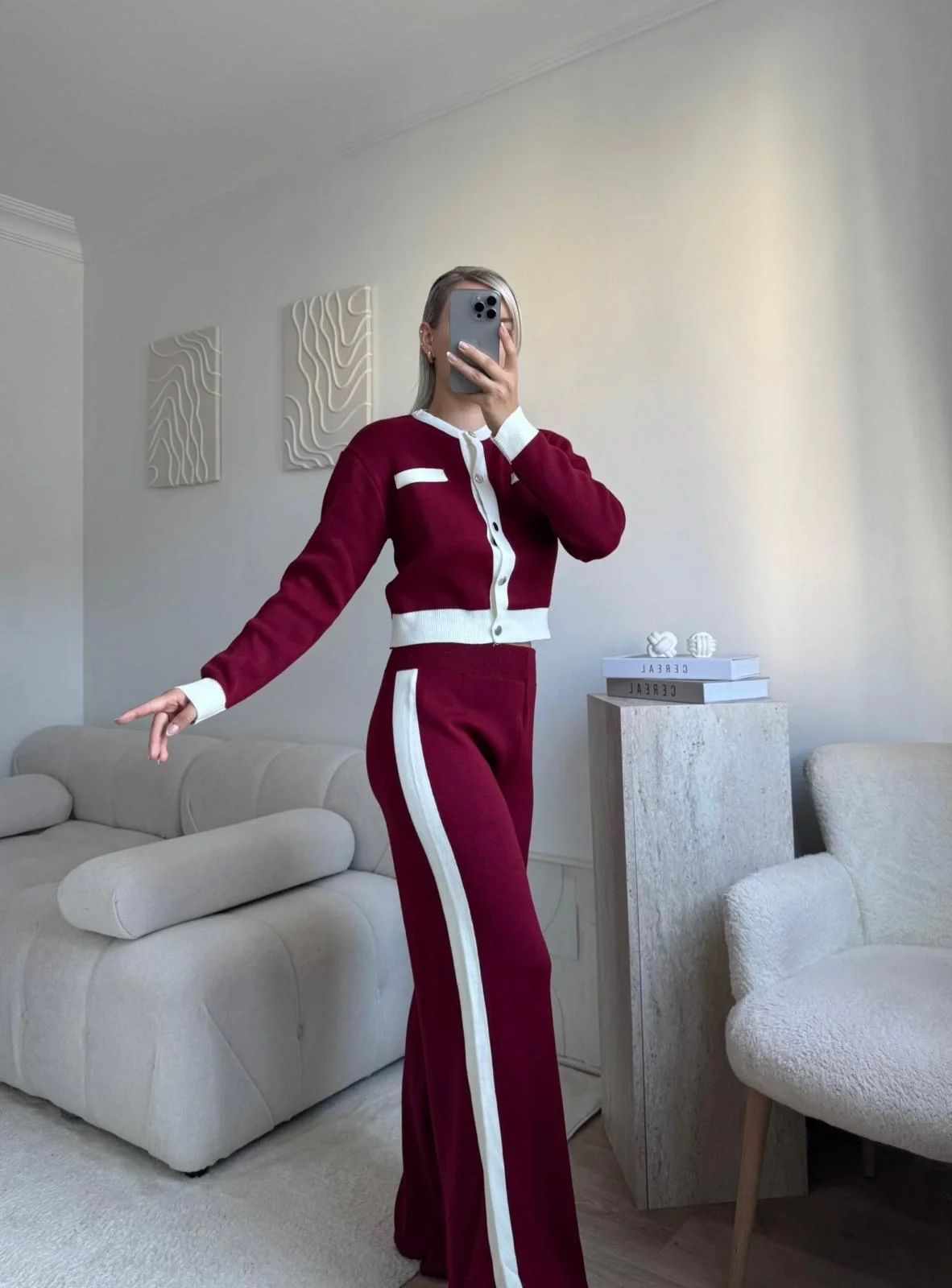 Garnili Bomber Crop & Pantolon Takım - BORDO