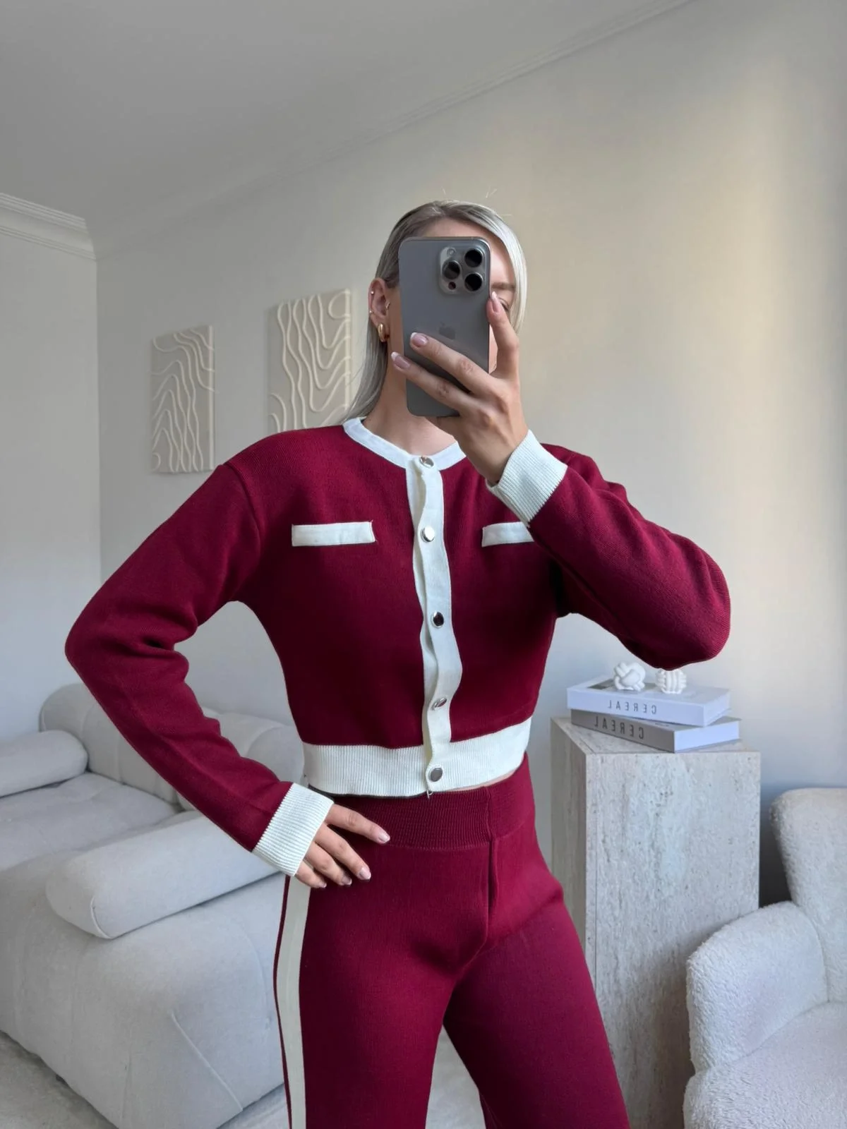 Garnili Bomber Crop & Pantolon Takım - BORDO