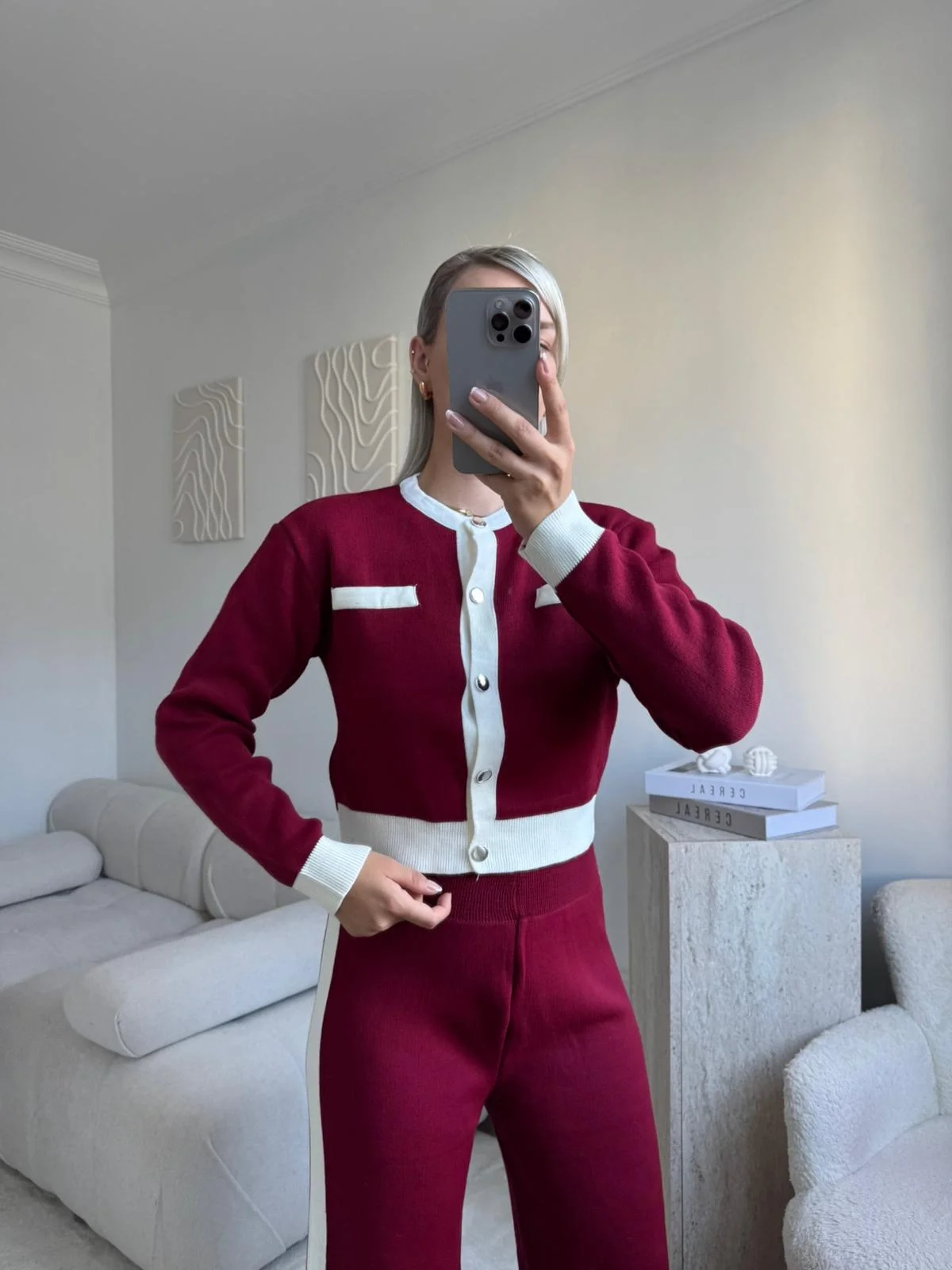 Garnili Bomber Crop & Pantolon Takım - BORDO