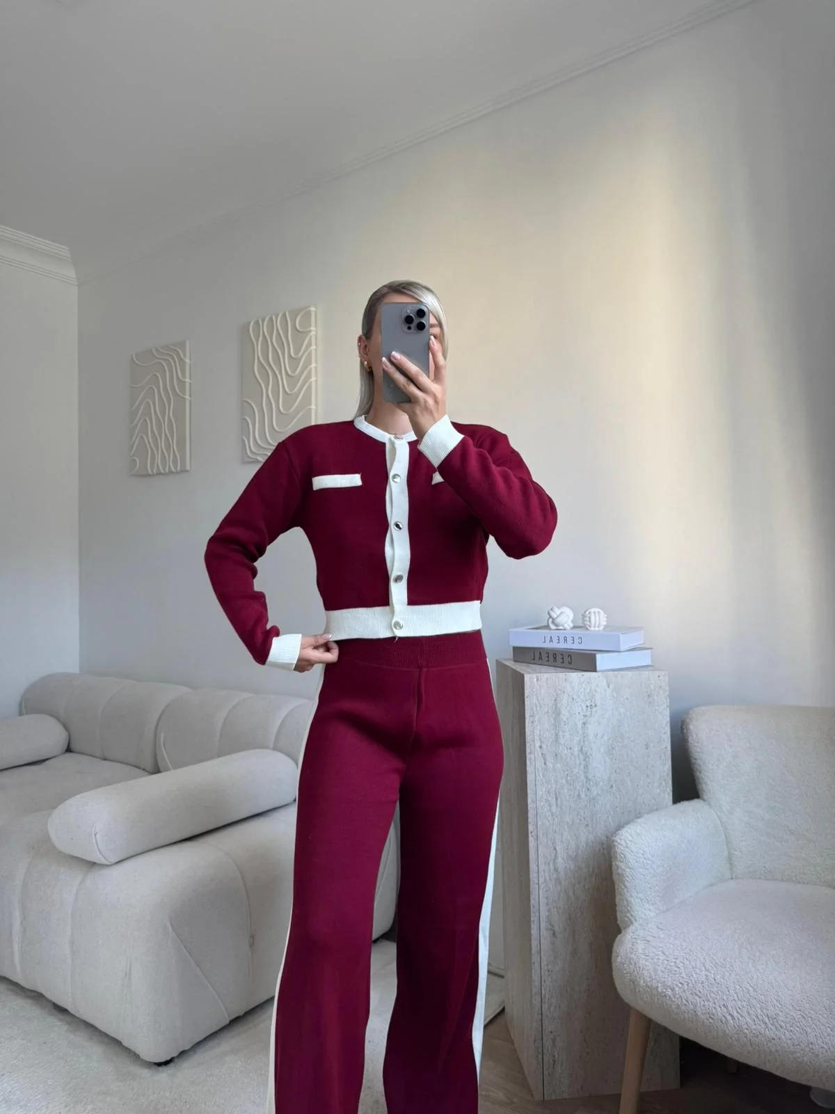 Garnili Bomber Crop & Pantolon Takım - BORDO