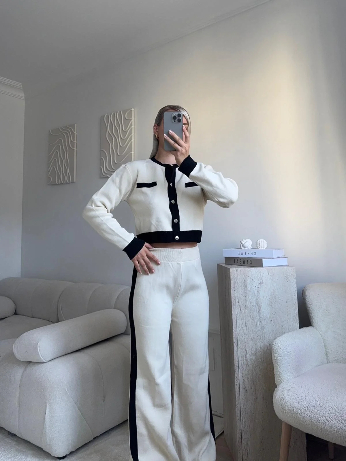 Garnili Bomber Crop & Pantolon Takım - EKRU