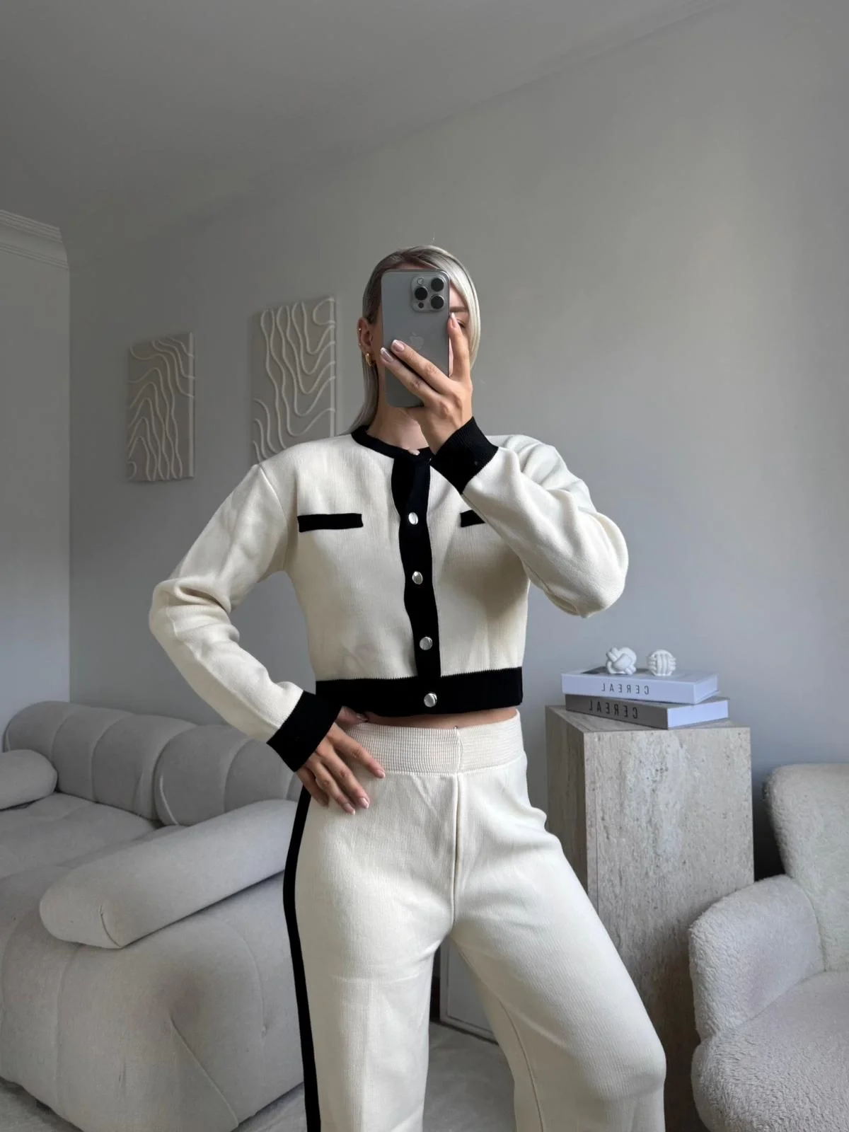 Garnili Bomber Crop & Pantolon Takım - EKRU