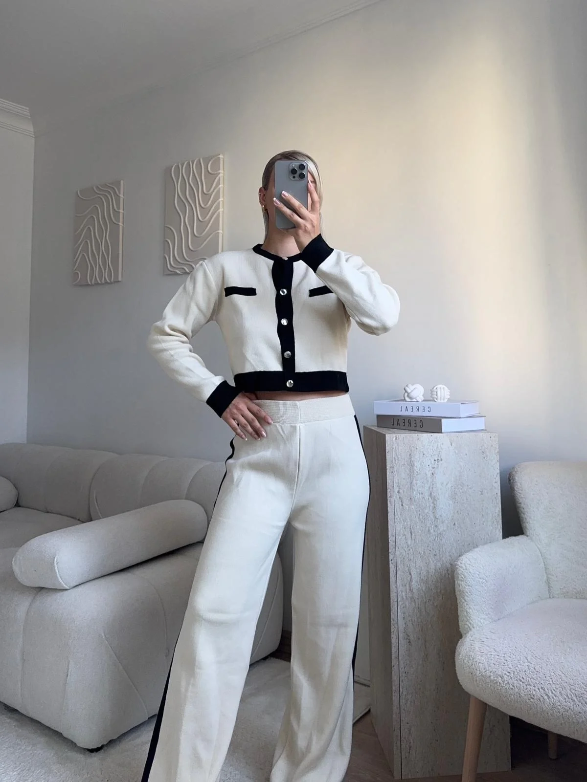 Garnili Bomber Crop & Pantolon Takım - EKRU