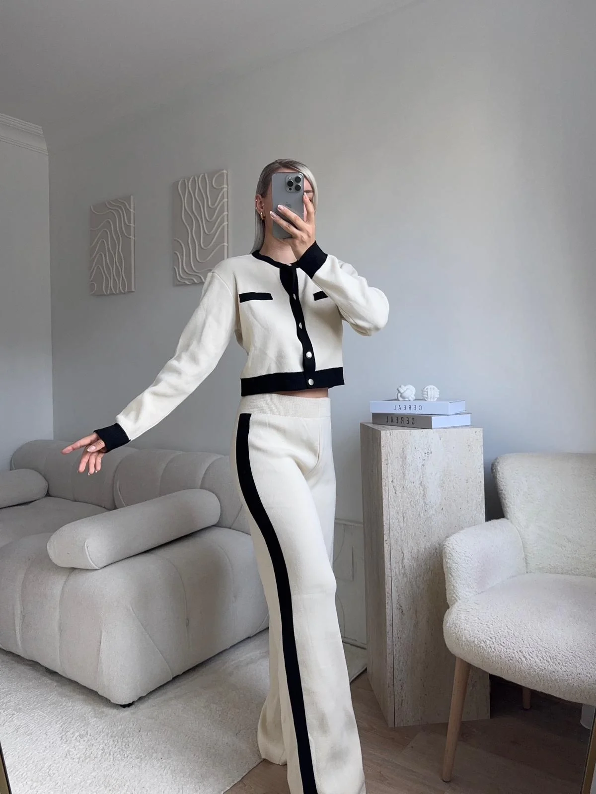 Garnili Bomber Crop & Pantolon Takım - EKRU