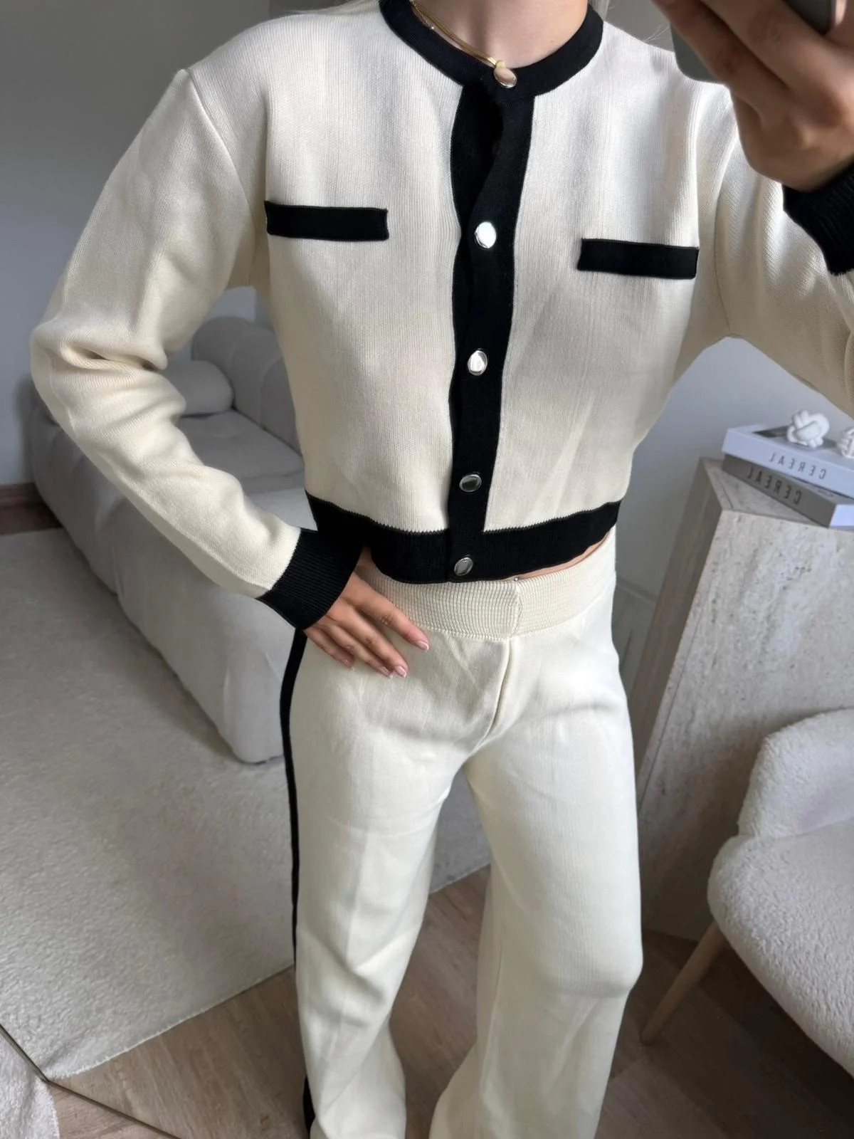 Garnili Bomber Crop & Pantolon Takım - EKRU