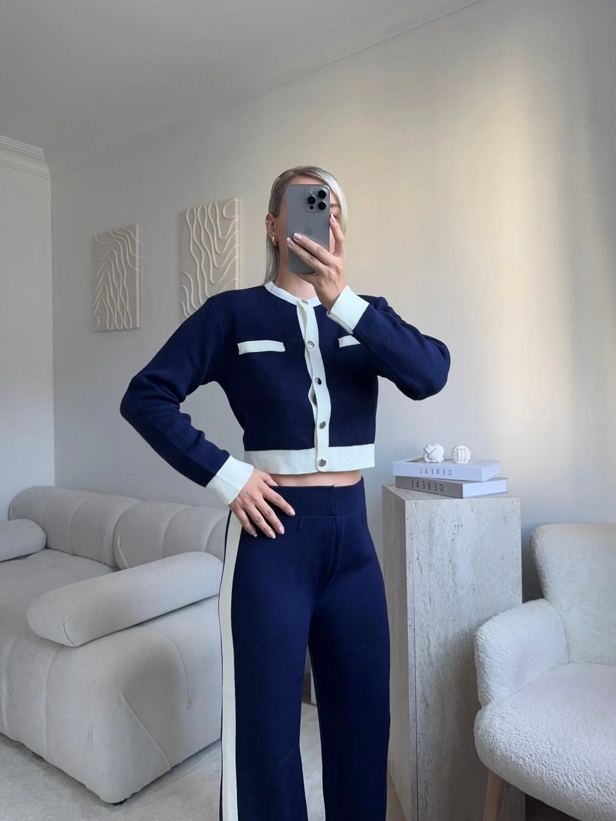 Garnili Bomber Crop & Pantolon Takım - LACİVERT