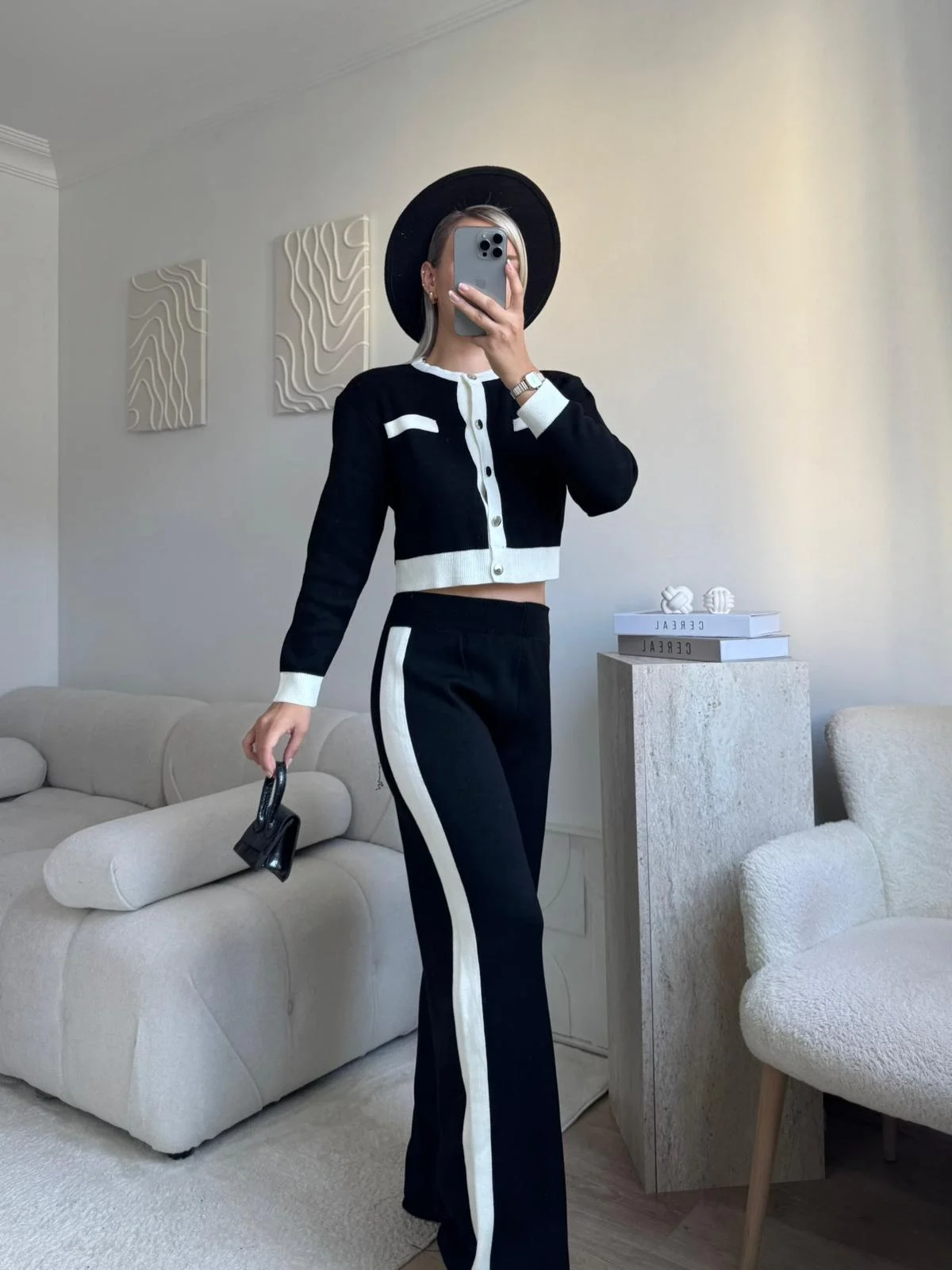 Garnili Bomber Crop & Pantolon Takım - SİYAH