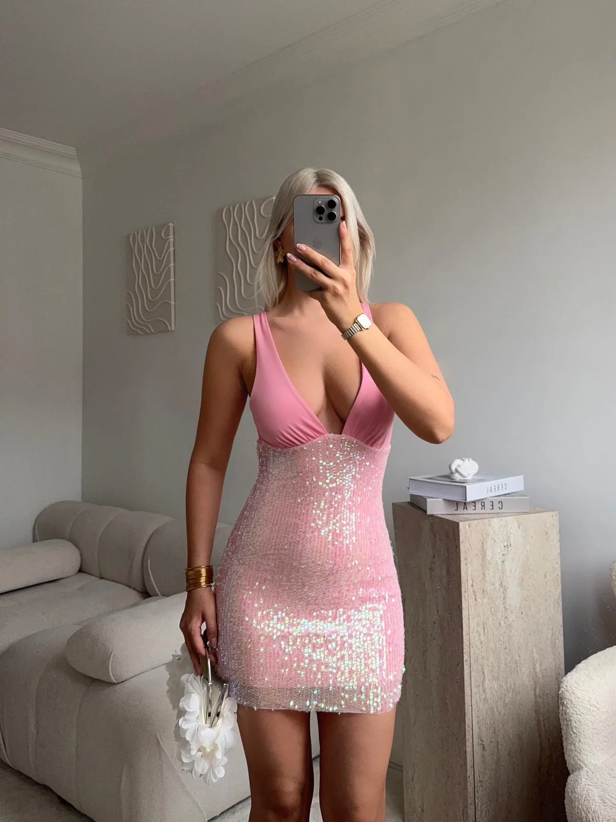 Glam Payetli Elbise - PEMBE