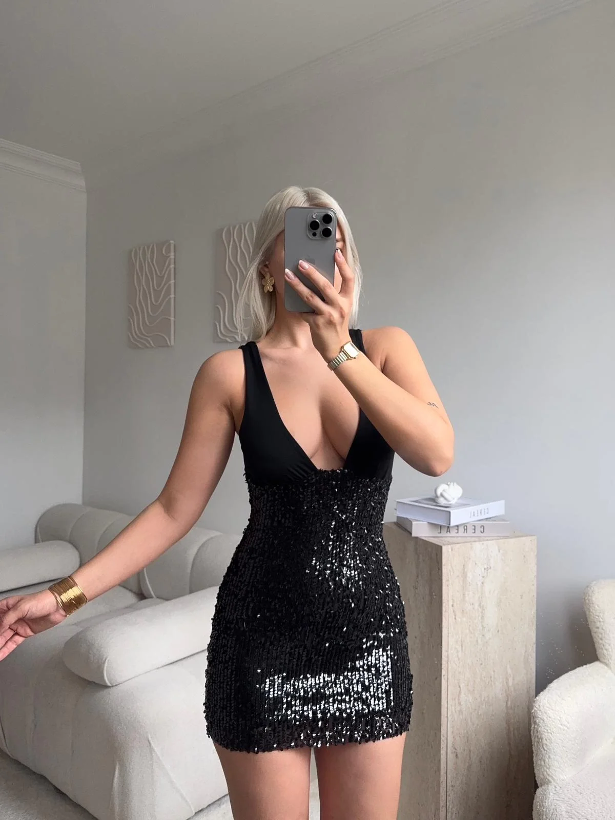 Glam Payetli Elbise - SİYAH