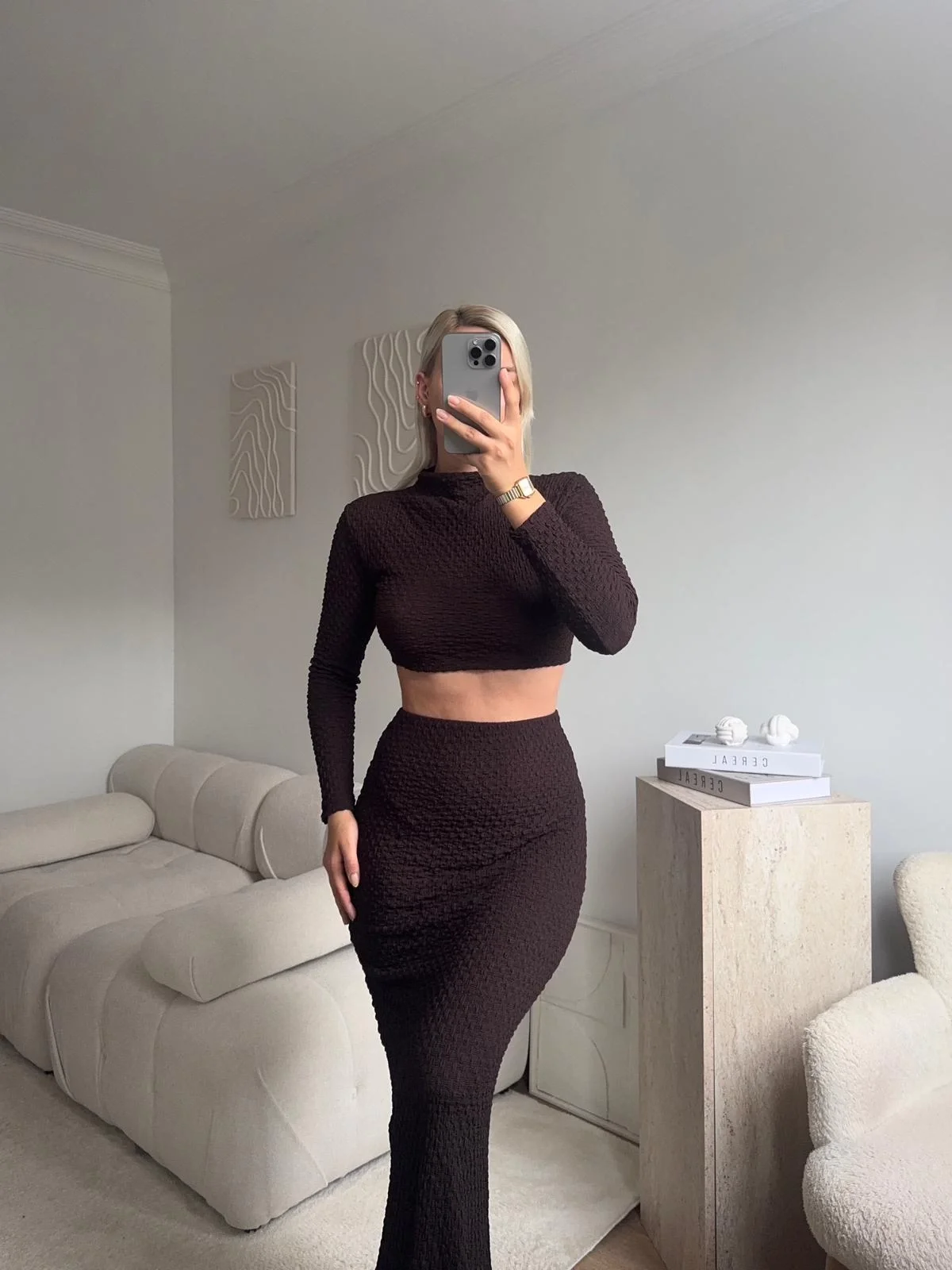 Gofre Crop & Etekli Takım - KAHVE