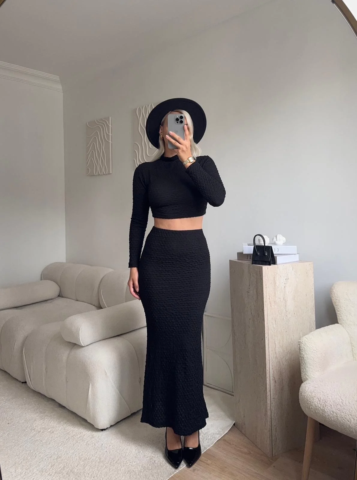 Gofre Crop & Etekli Takım - SİYAH