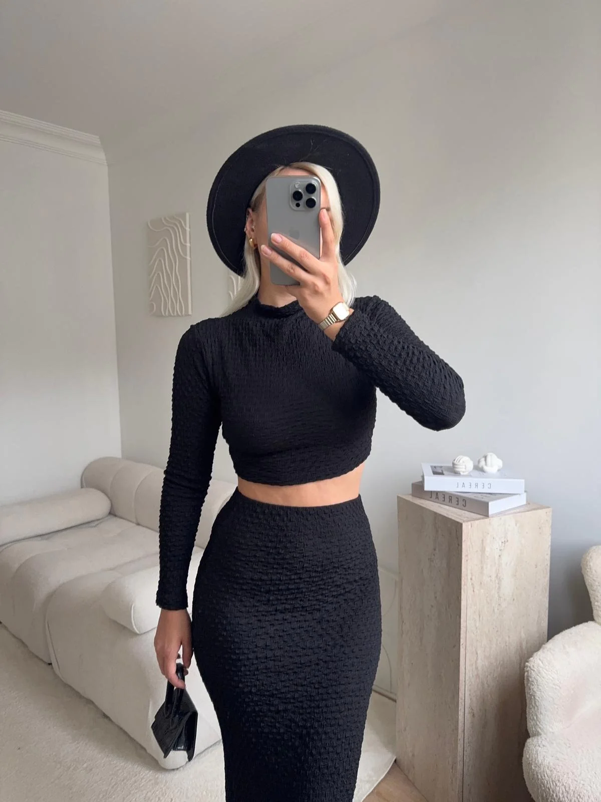 Gofre Crop & Etekli Takım - SİYAH