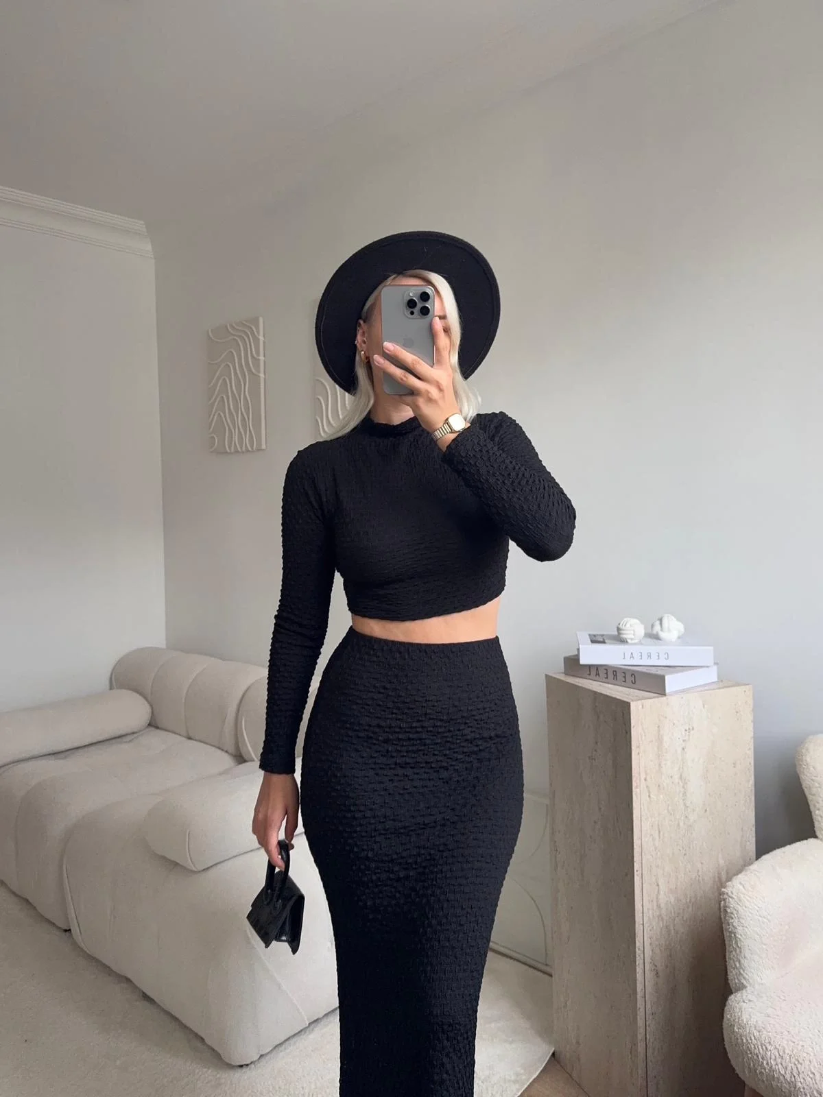 Gofre Crop & Etekli Takım - SİYAH