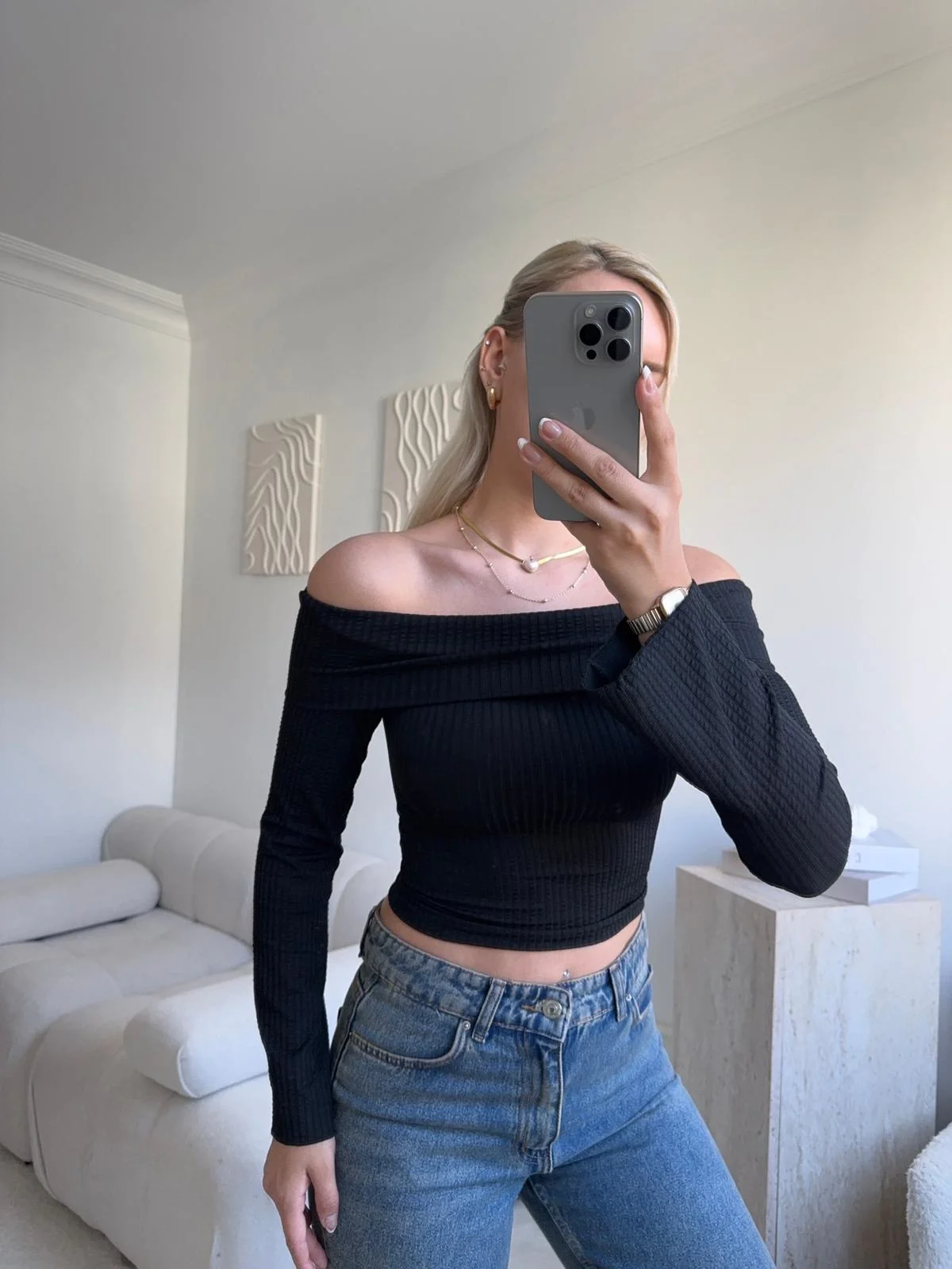 Gofre Madonna Yaka Crop - SİYAH