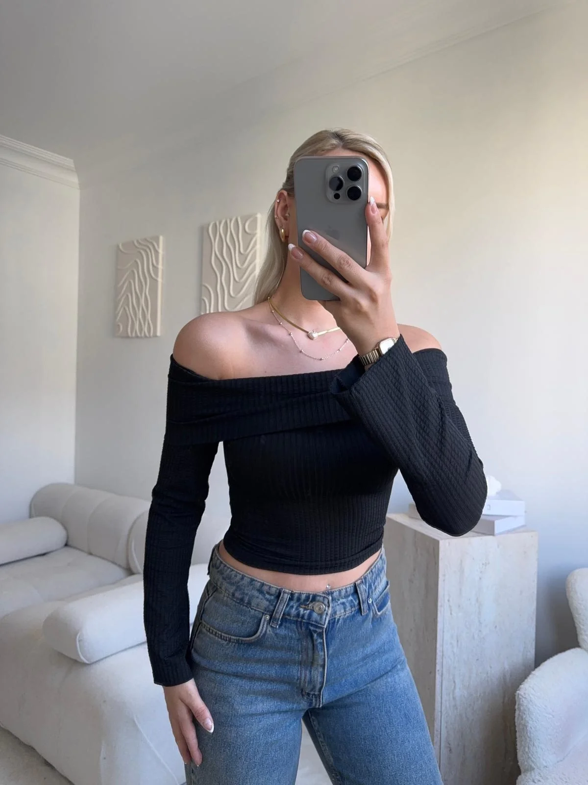 Gofre Madonna Yaka Crop - SİYAH