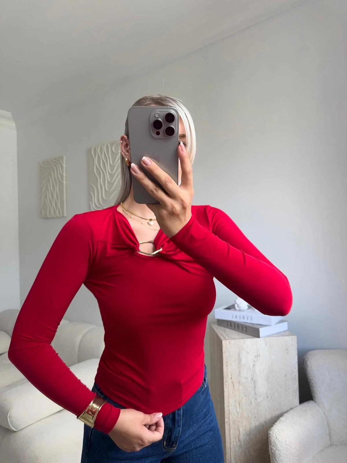 Göğüs Aksesuar Bluz - KIRMIZI