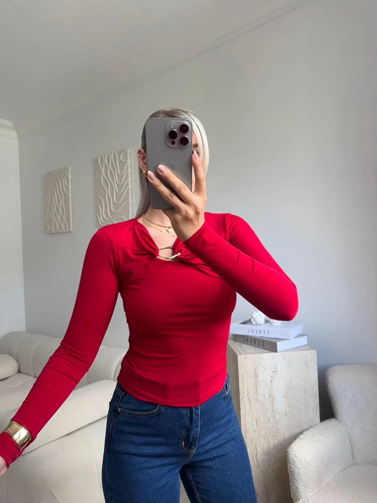 Göğüs Aksesuar Bluz - KIRMIZI