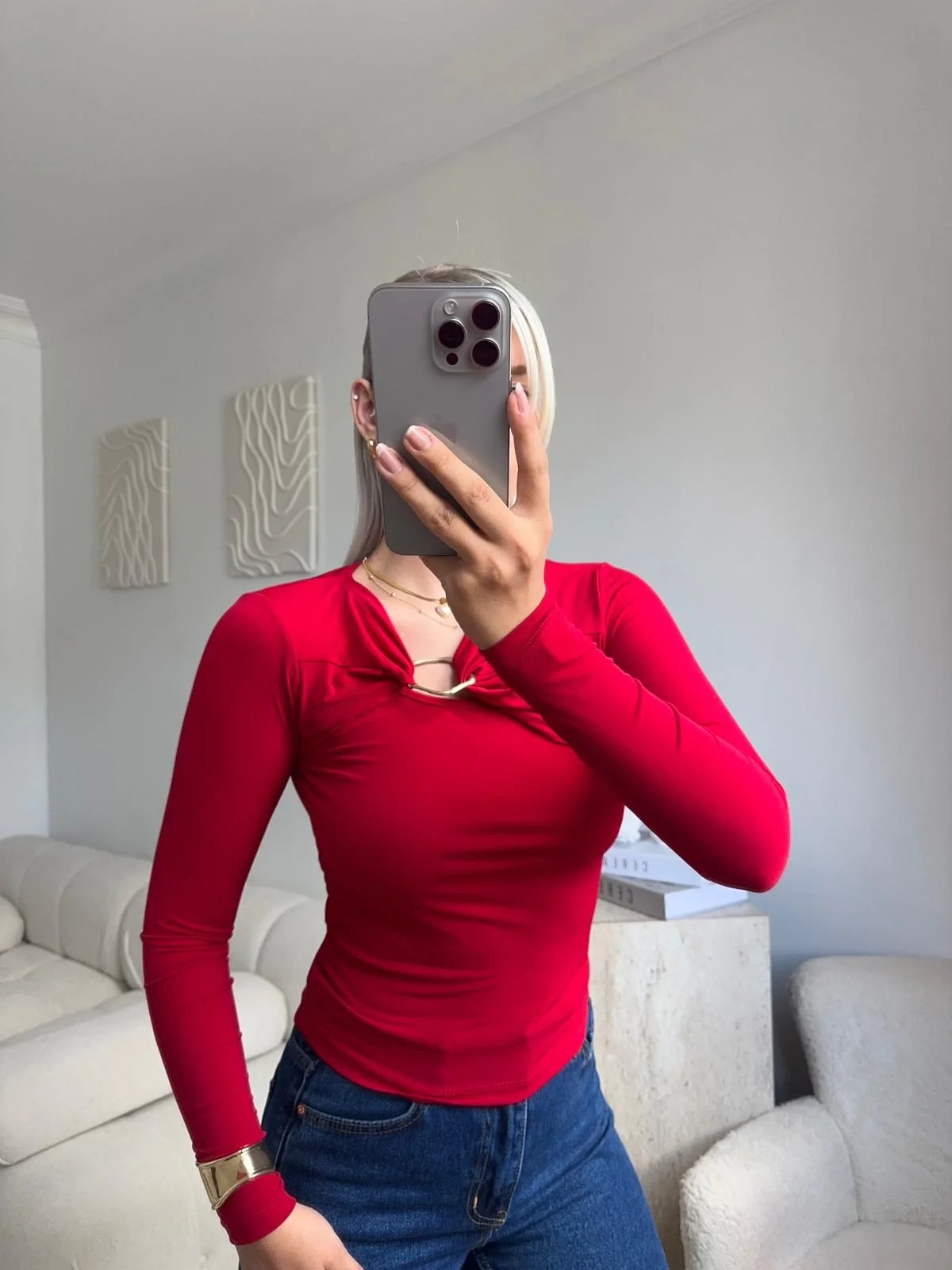 Göğüs Aksesuar Bluz - KIRMIZI