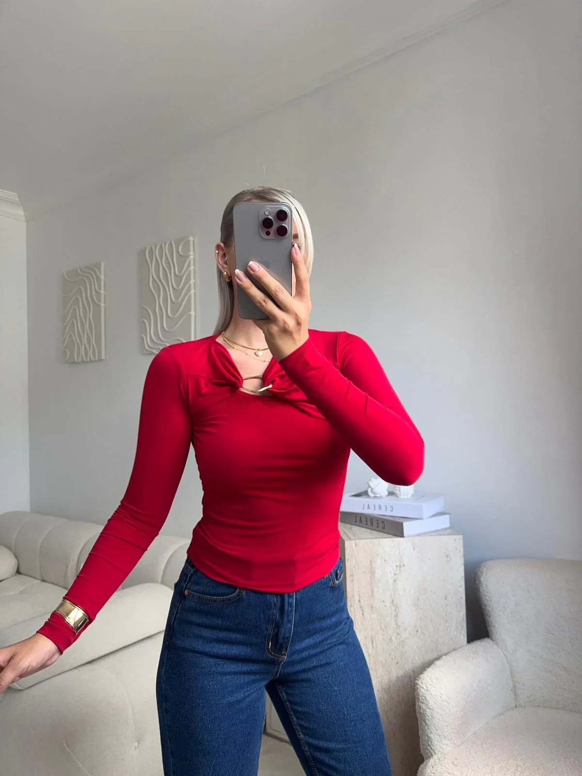 Göğüs Aksesuar Bluz - KIRMIZI