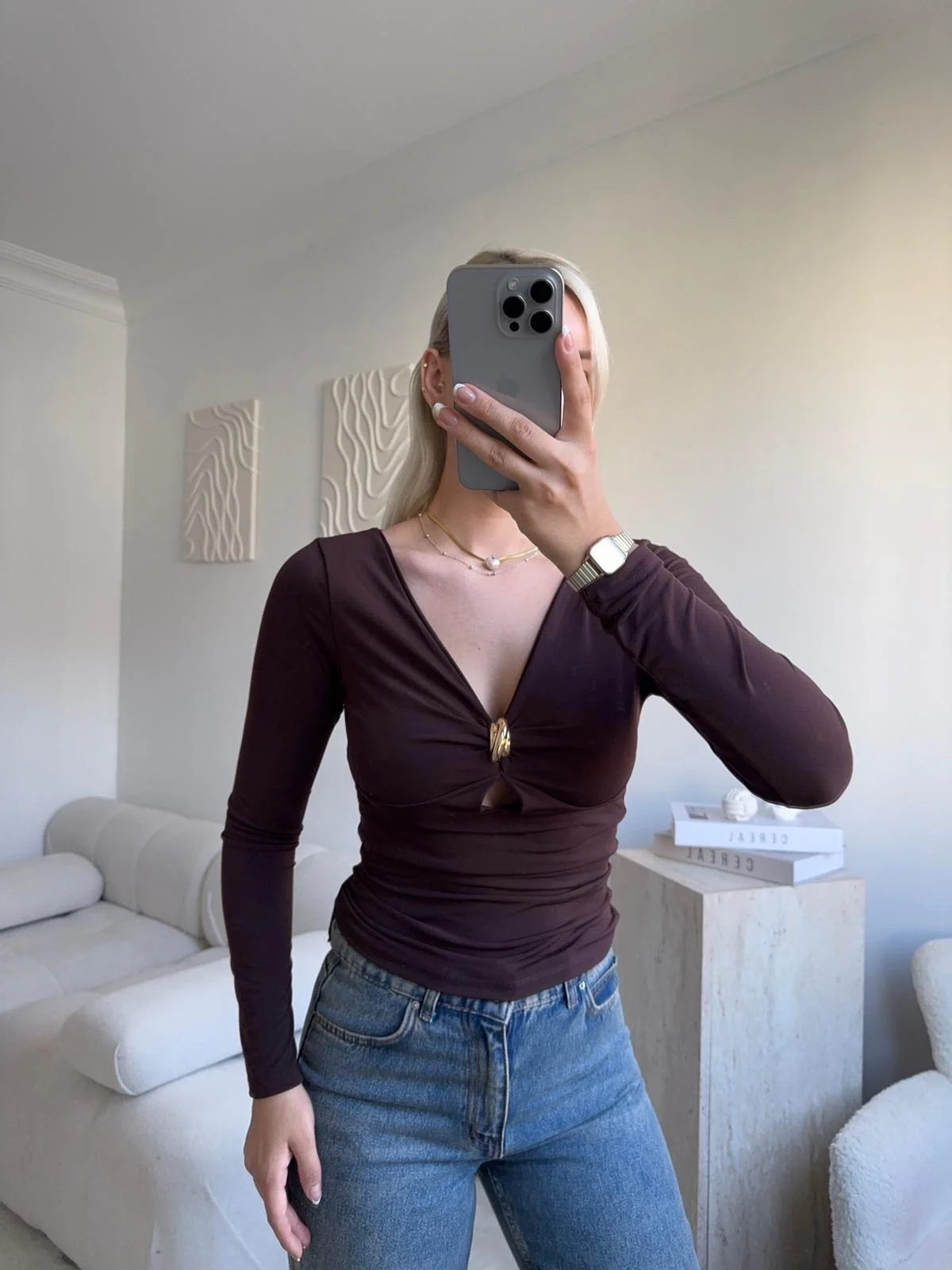 Göğüs Aksesuar Halka Crop - KAHVE