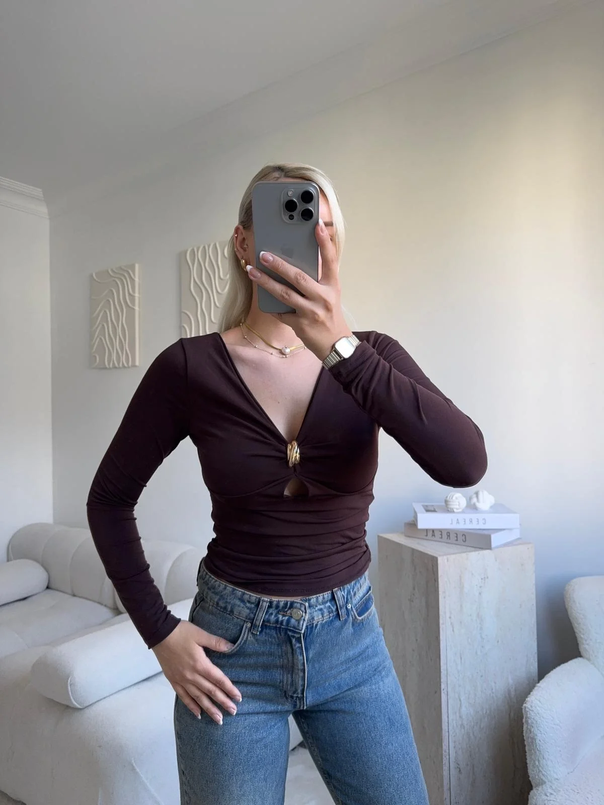 Göğüs Aksesuar Halka Crop - KAHVE