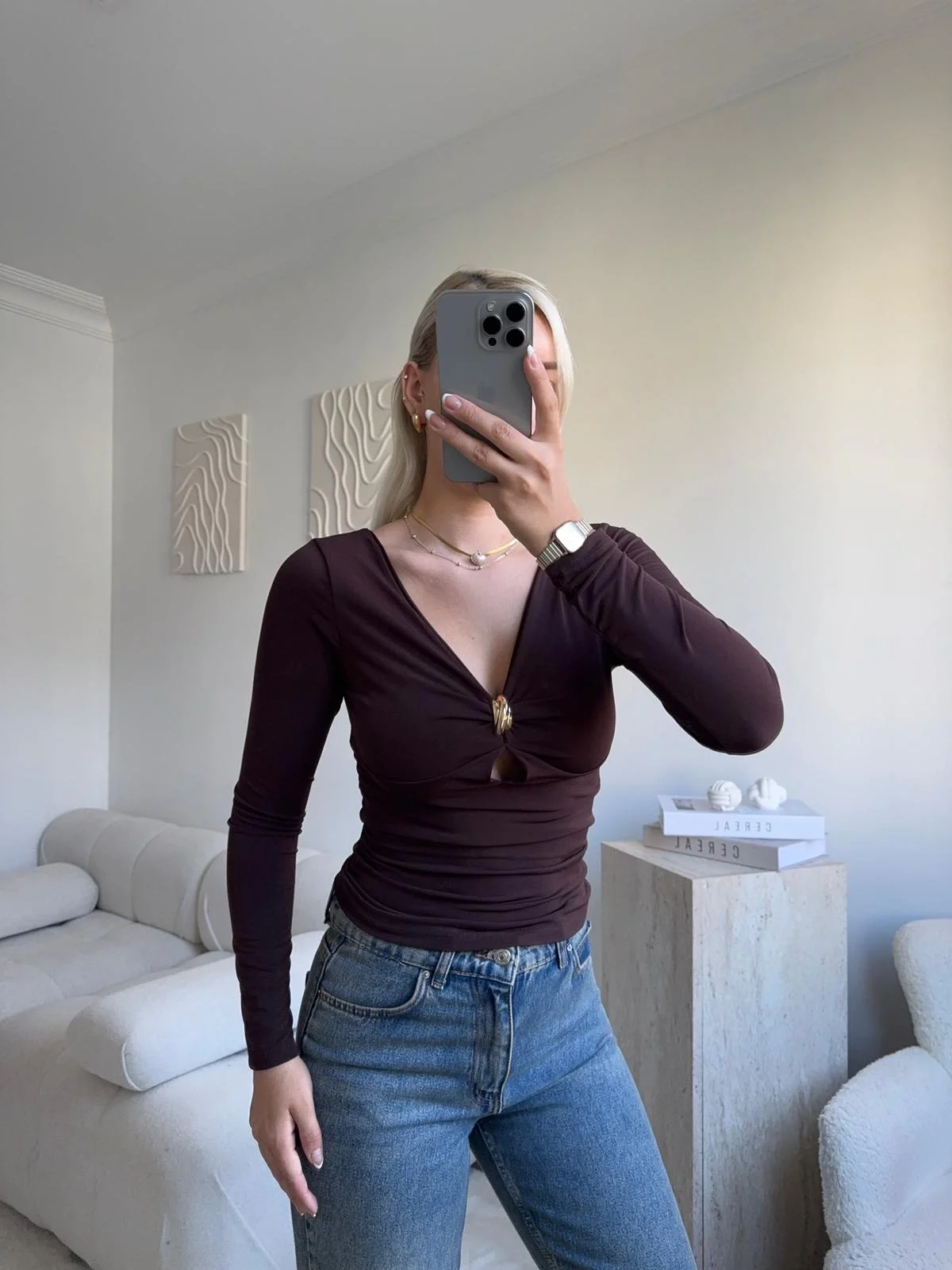 Göğüs Aksesuar Halka Crop - KAHVE