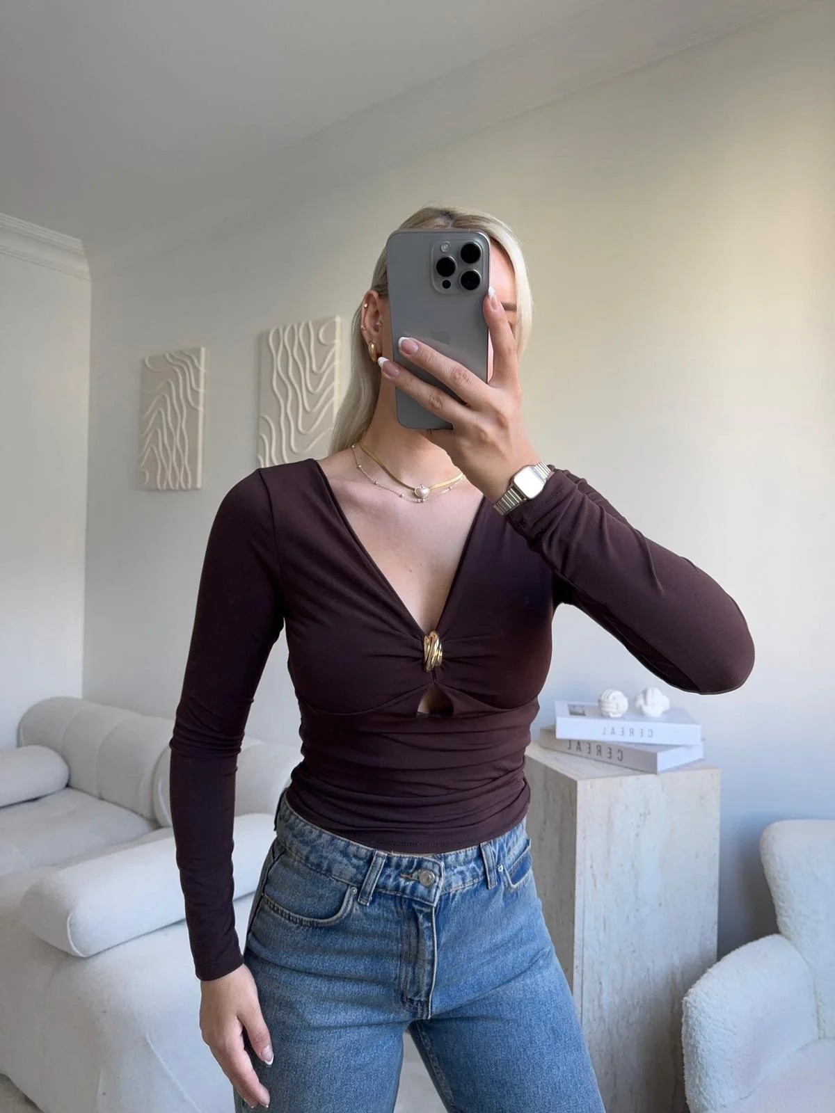 Göğüs Aksesuar Halka Crop - KAHVE